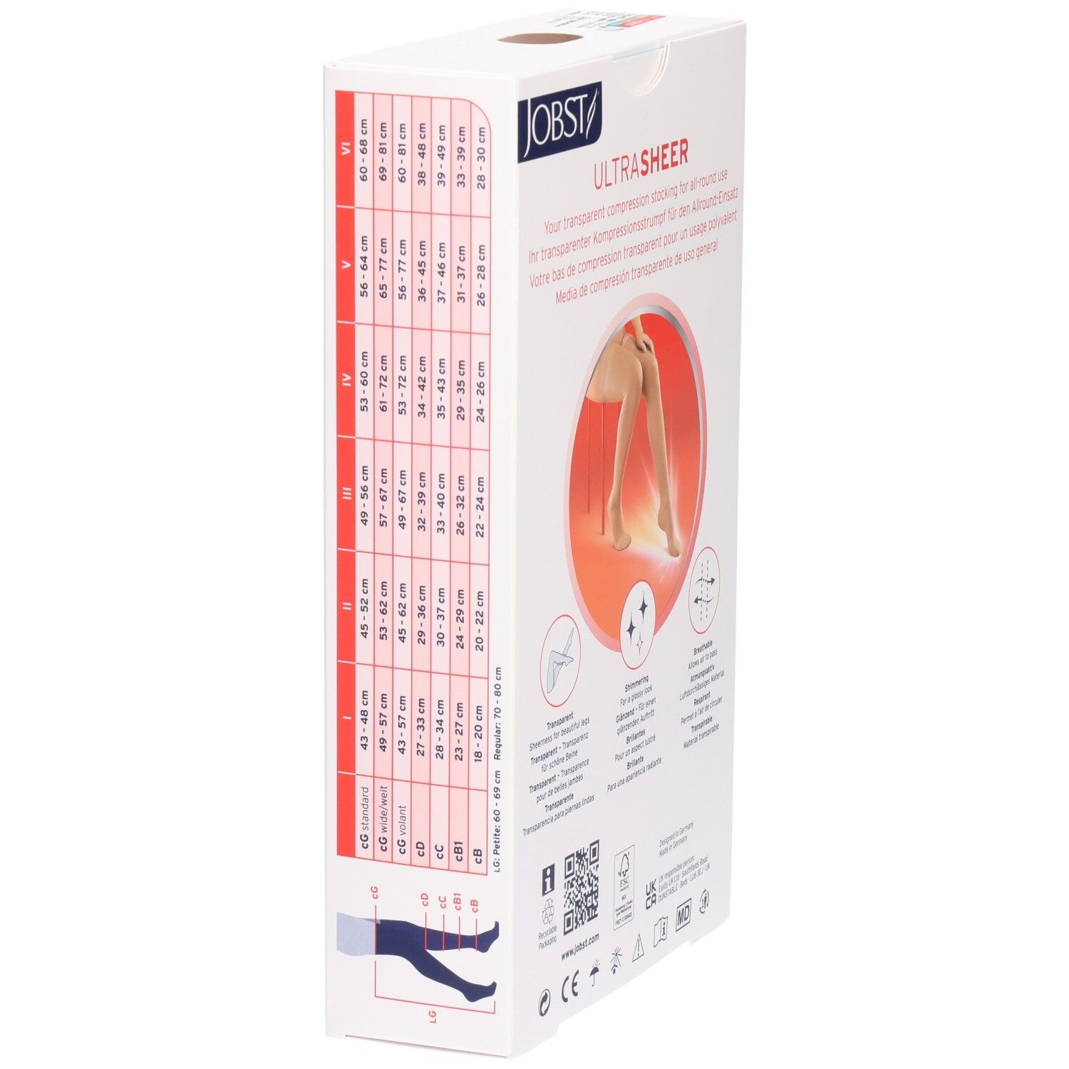Rückseite der Verpackung JOBST UltraSheer. Größentabelle und Illustrationen. Text und Zertifizierungen.
