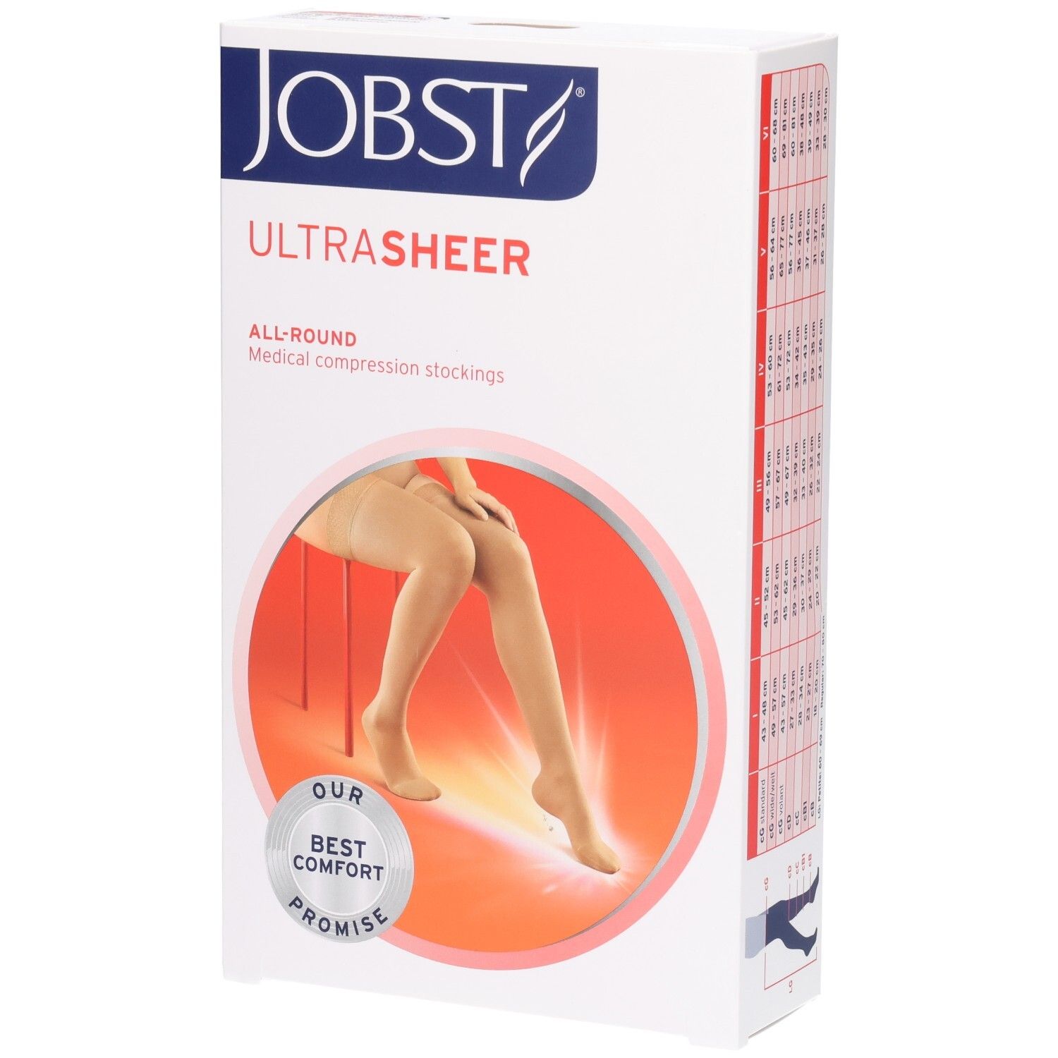 JOBST UltraSheer Kompressions-Schenkelstrümpfe: Kartonverpackung mit Abbildung eines Beins, das einen hautfarbenen Strumpf trägt.