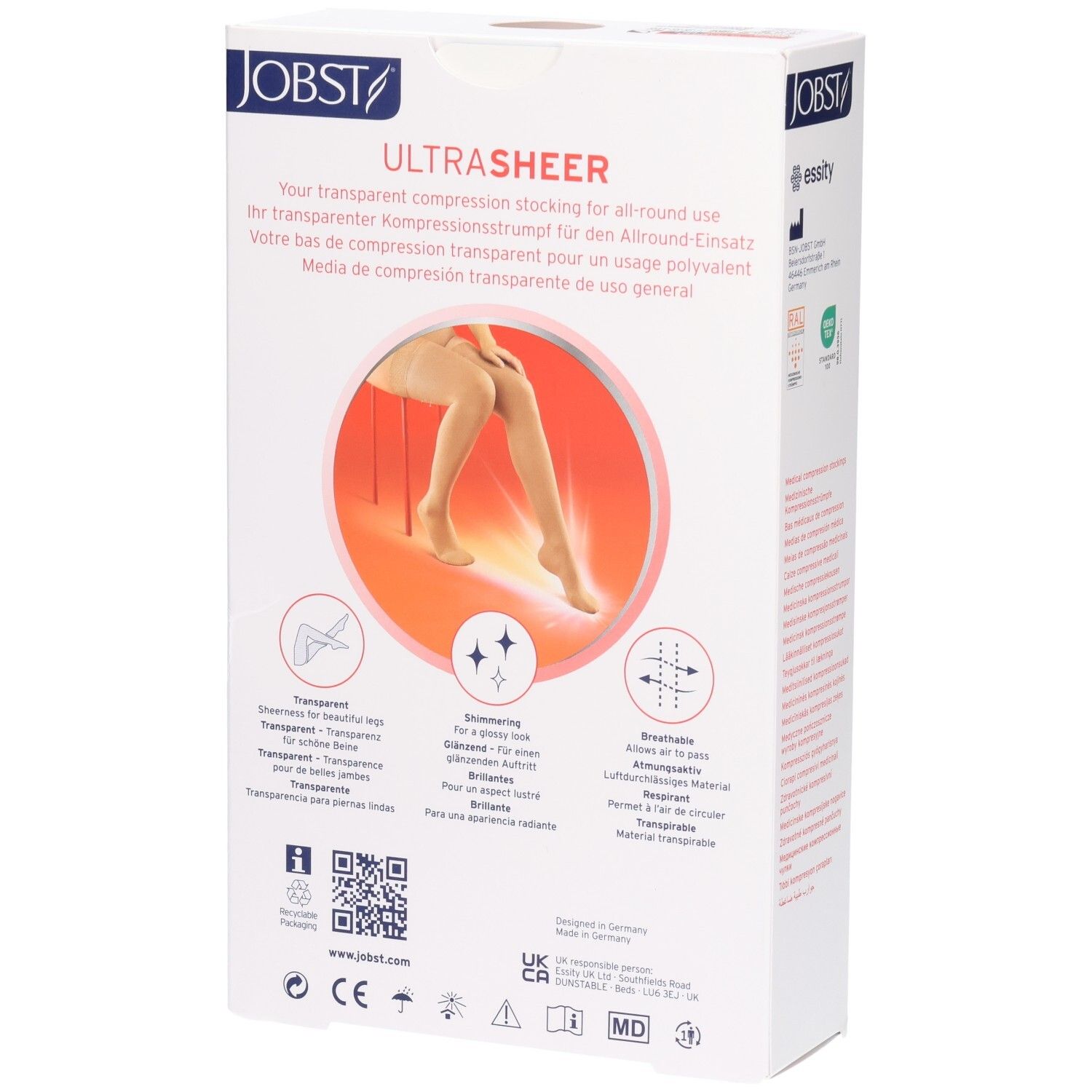 JOBST UltraSheer Kompressions-Schenkelstrümpfe: Rückseite der Verpackung mit Produktmerkmalen wie Transparenz und Atmungsaktivität.