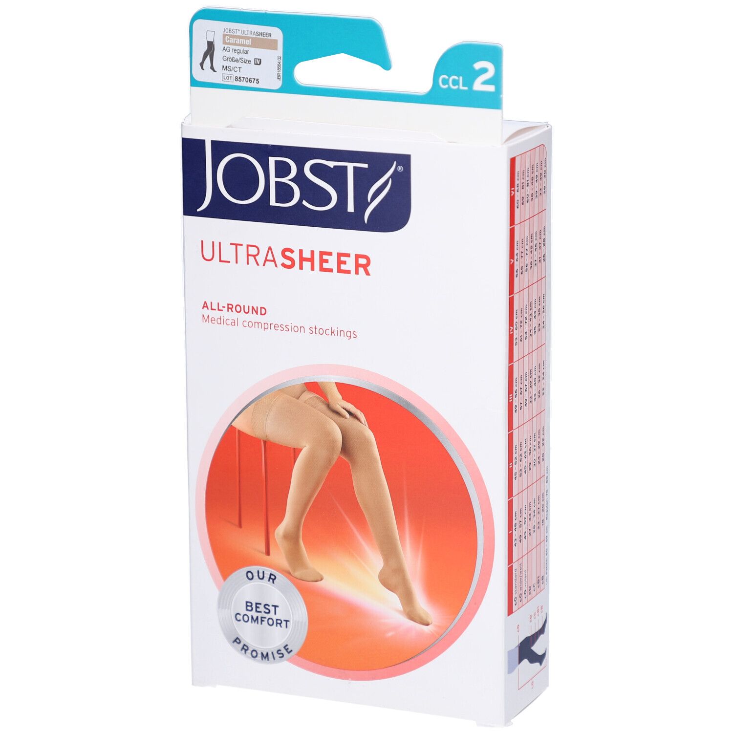 Verpackung von JOBST UltraSheer Kompressions-Schenkelstrümpfen. Weißer Karton mit Produktabbildung und Logo. CCL 2.