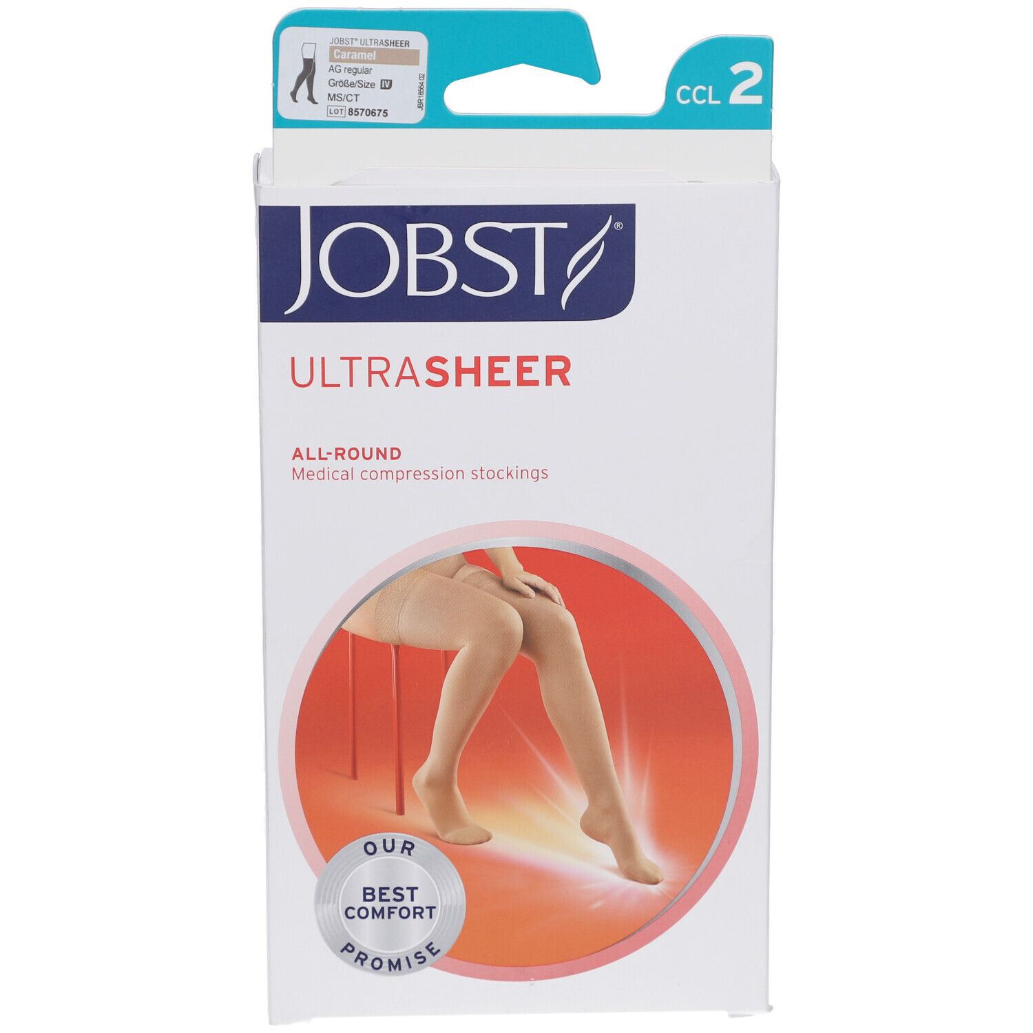 Verpackung von JOBST UltraSheer Kompressions-Schenkelstrümpfen. Weißer Karton mit Produktabbildung und Logo. CCL 2.