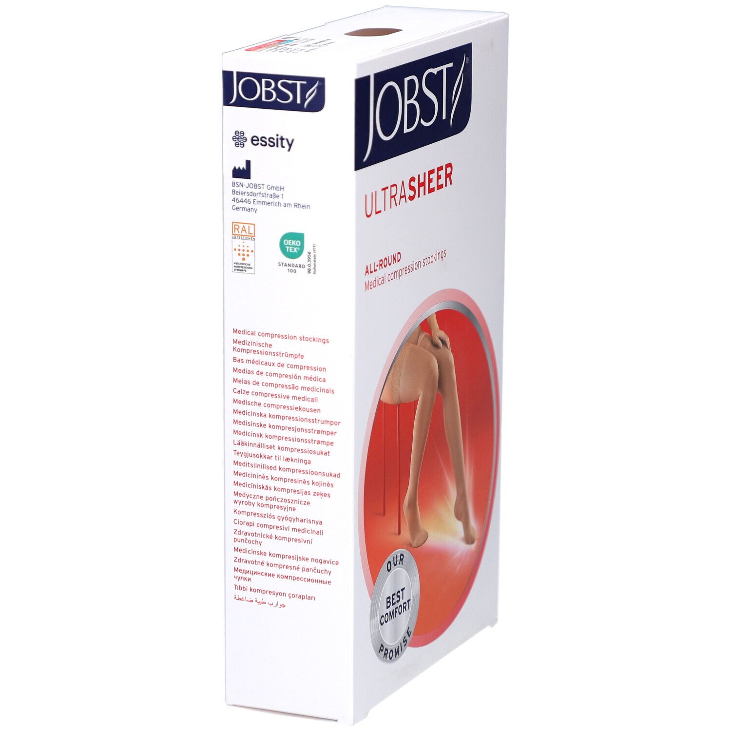 Verpackung JOBST UltraSheer Kompressionsstrümpfe. Aufdruck: JOBST, UltraSheer, ALL-ROUND. Mehrsprachige Produktbeschreibungen. Logo: essity, RAL.