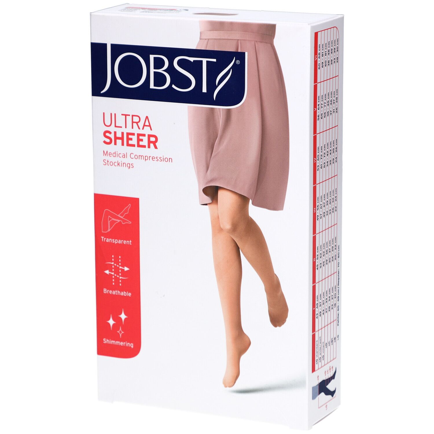 Verpackung mit JOBST UltraSheer Kompressions-Schenkelstrümpfen. Abbildung einer Frau mit Strümpfen. Transparent, atmungsaktiv, schimmernd.