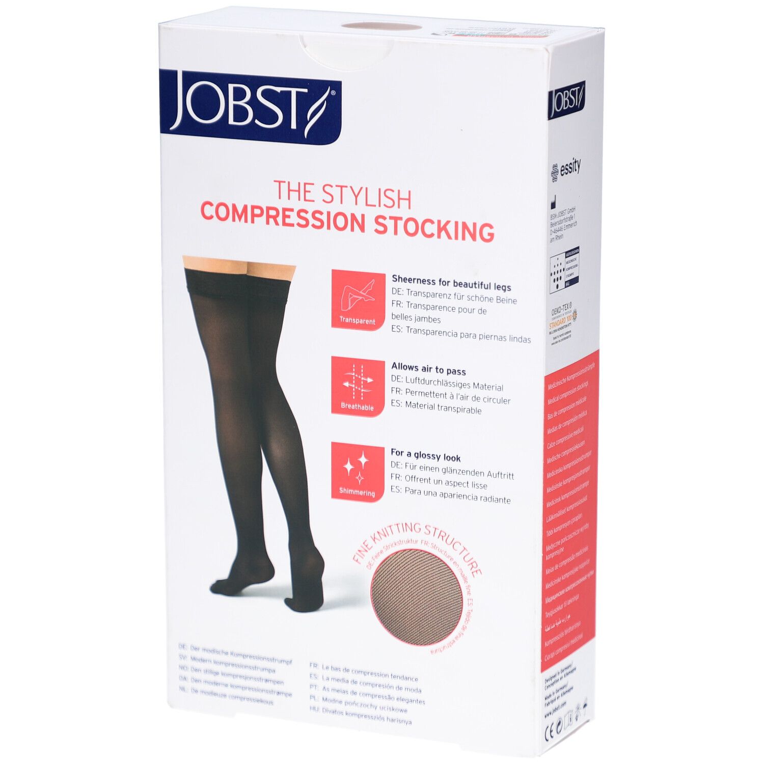Verpackung JOBST Kompressionsstrümpfe. Schwarze Strümpfe abgebildet. Text: Transparent, atmungsaktiv, schimmernd. Rundes Detail.