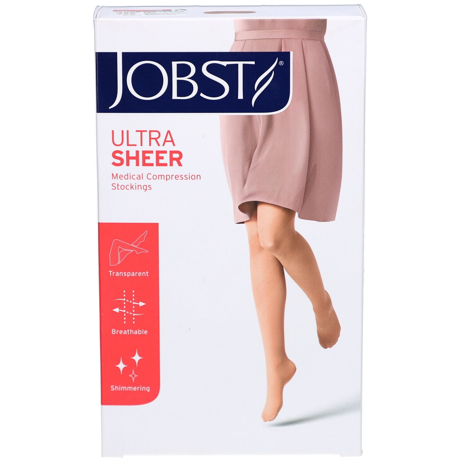 Verpackung JOBST UltraSheer Kompressions-Schenkelstrümpfe. Abbildung einer Frau mit Strümpfen. Transparent, atmungsaktiv, schimmernd.