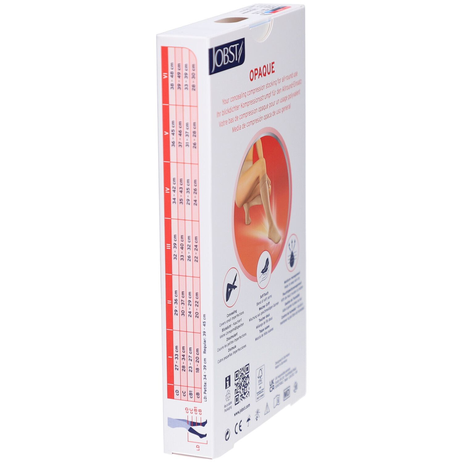 Verpackung JOBST Opaque Kompressions-Kniestrümpfe. Seite mit Größentabelle und Produktinformationen. Schriftzug: Opaque.