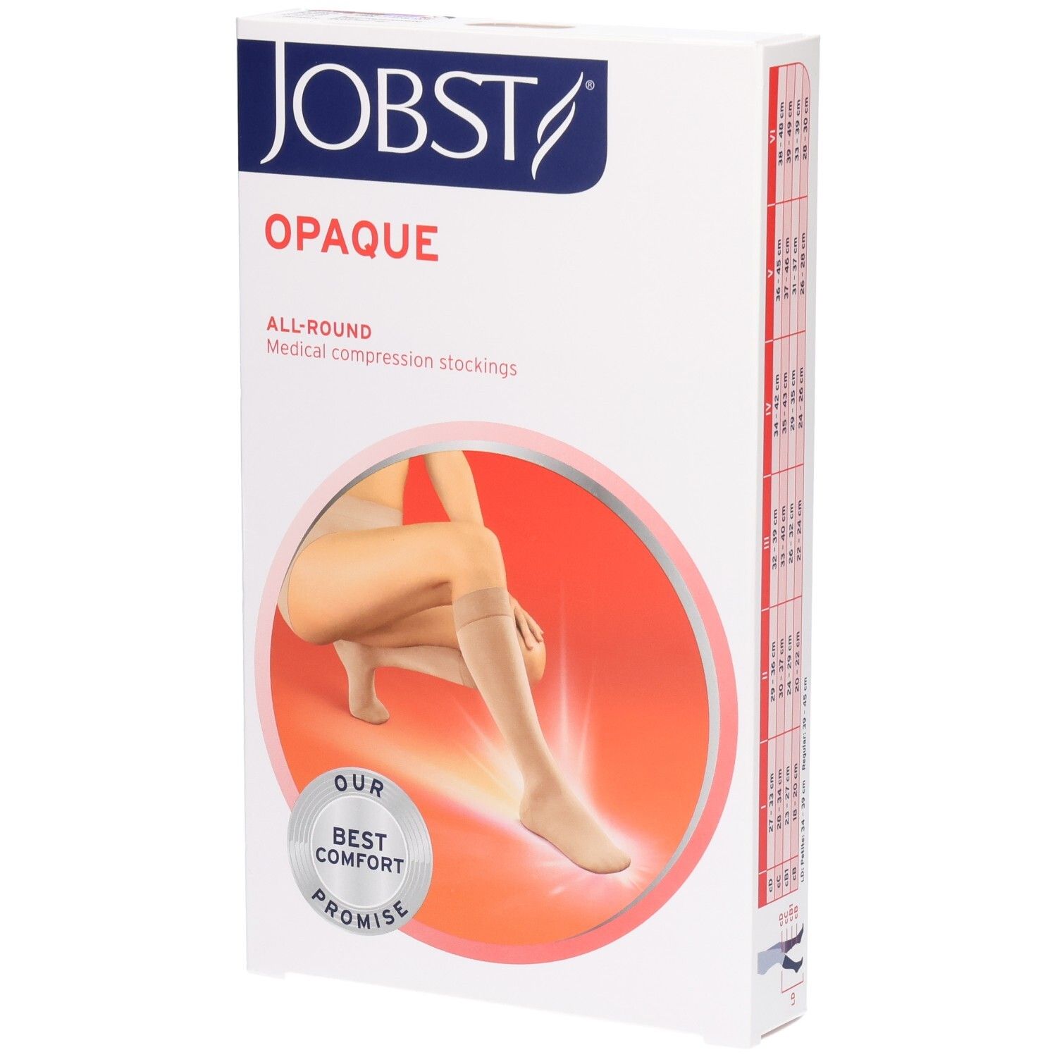 JOBST Opaque Kompressions-Kniestrümpfe. Verpackung mit Produktabbildung. Aufschrift: OPAQUE, ALL-ROUND, Medical compression stockings. Logo: OUR BEST COMFORT PROMISE.