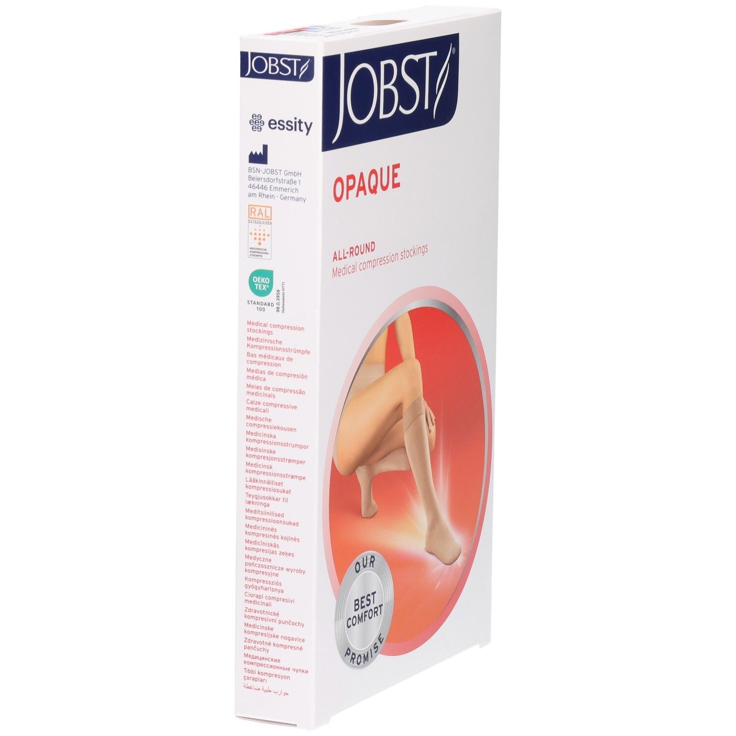 JOBST Opaque Kompressions-Kniestrümpfe. Verpackung mit Produktabbildung. Aufschrift: OPAQUE, ALL-ROUND, Medical compression stockings. Logo: OUR BEST COMFORT PROMISE. Essity Logo.