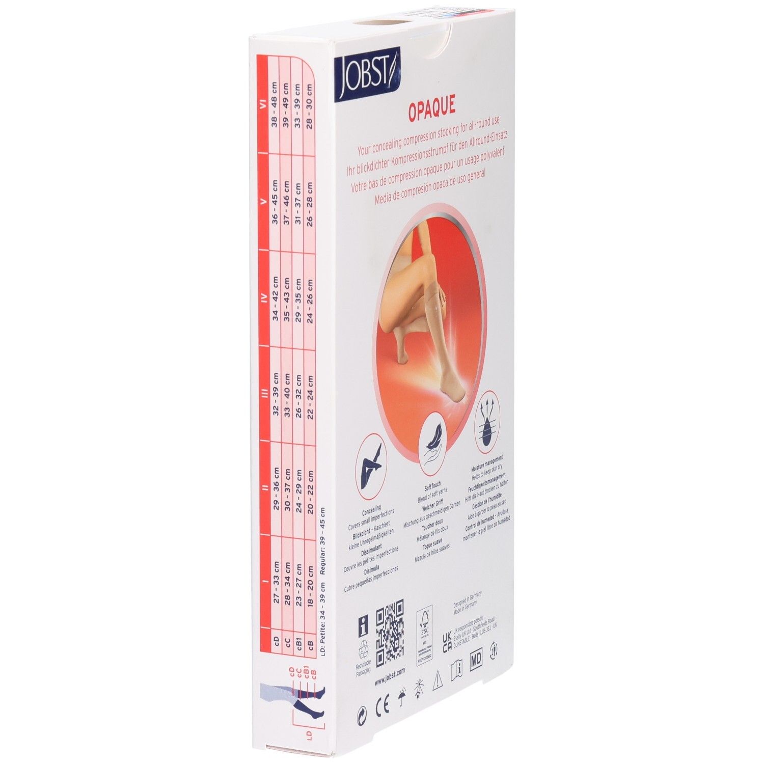 Seite der Verpackung von JOBST Opaque Kompressions-Kniestrümpfen. Größentabelle. Text: Your concealing compression stocking for allround use. Logos und Piktogramme.