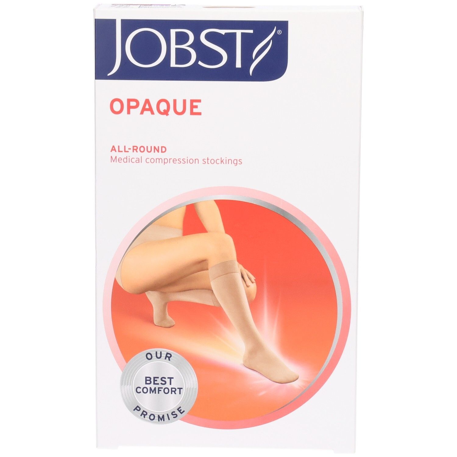 JOBST Opaque Kompressions-Kniestrümpfe. Verpackung mit Produktabbildung. Aufschrift: OPAQUE, ALL-ROUND, Medical compression stockings. Logo: OUR BEST COMFORT PROMISE.