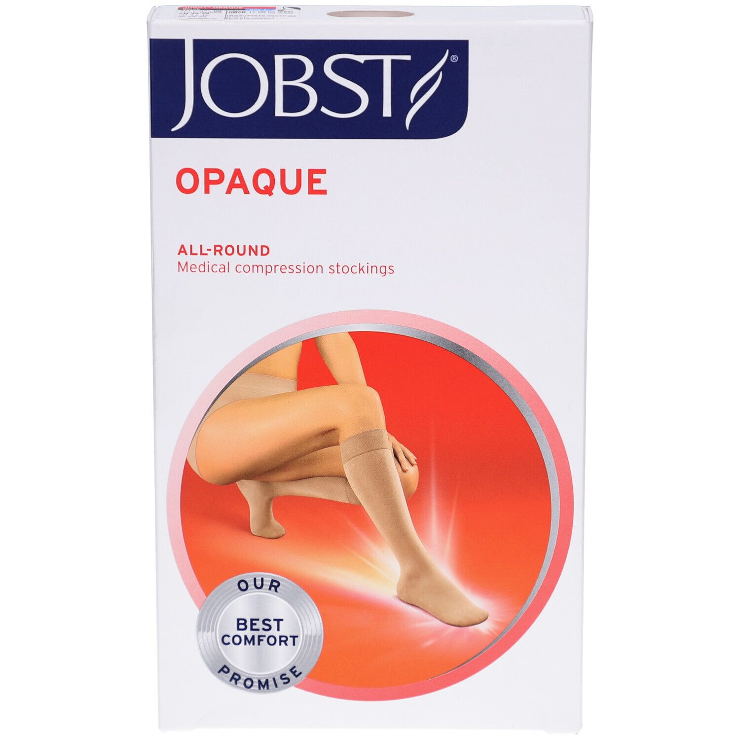 JOBST Opaque Kompressions-Kniestrümpfe. Verpackung mit Produktabbildung. Beige Strümpfe, Frau mit Strumpf am Bein. Aufdruck: Opaque, All-Round.