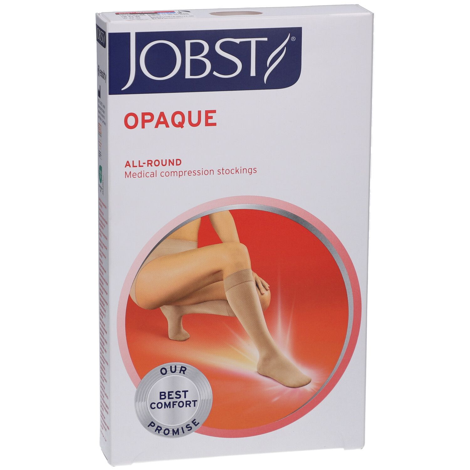 JOBST Opaque Kompressions-Kniestrümpfe. Verpackung mit Produktabbildung. Beige Strümpfe, Frau mit Strumpf am Bein. Aufdruck: Opaque, All-Round, Promise.