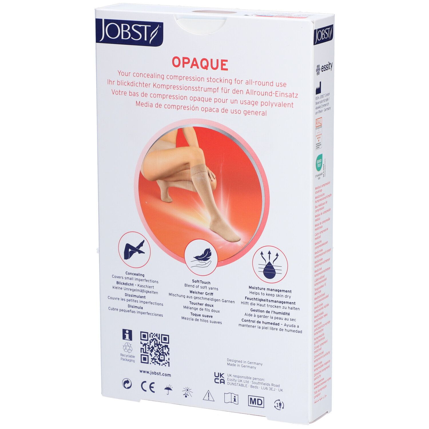 Rückseite der Verpackung JOBST Opaque. Produktinformationen, Logos und QR-Code. Illustration eines Beins mit Strumpf.