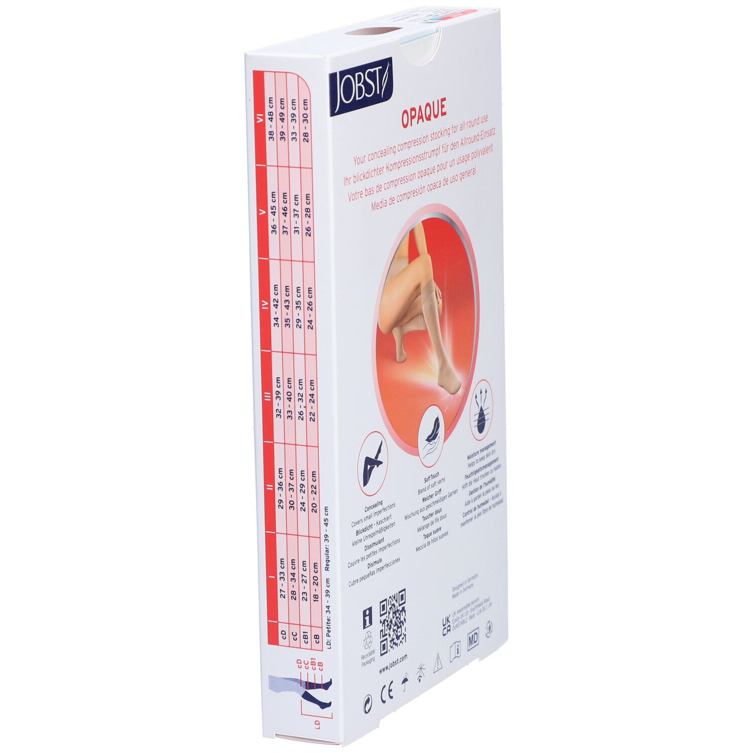 Verpackung JOBST Opaque. Größenangaben und Produktinformationen. Seitenansicht.