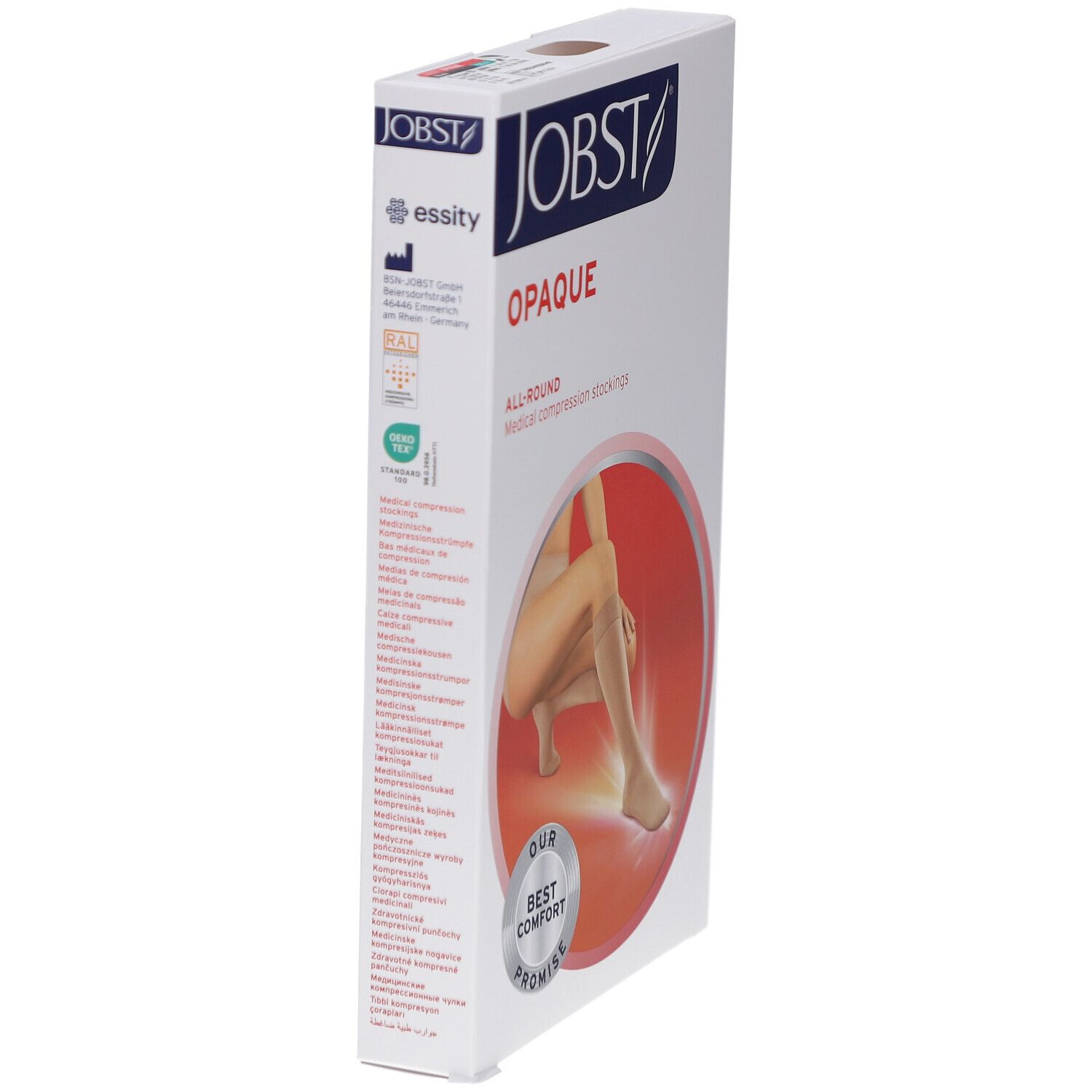 Verpackung JOBST Opaque Kompressions-Kniestrümpfe. Logo, Produktname und Illustration der Strümpfe. Verpackung schräg.