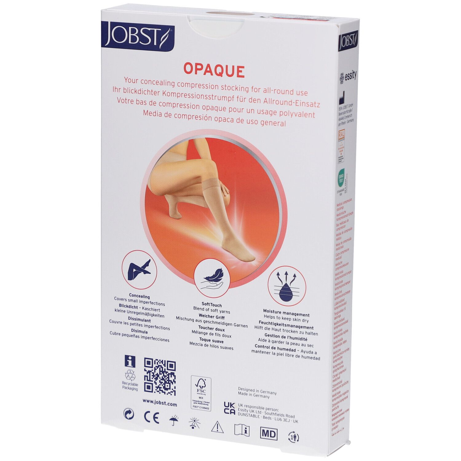 Rückseite der Verpackung JOBST Opaque Kompressions-Kniestrümpfe. Produktinformationen, Logos und Illustrationen.