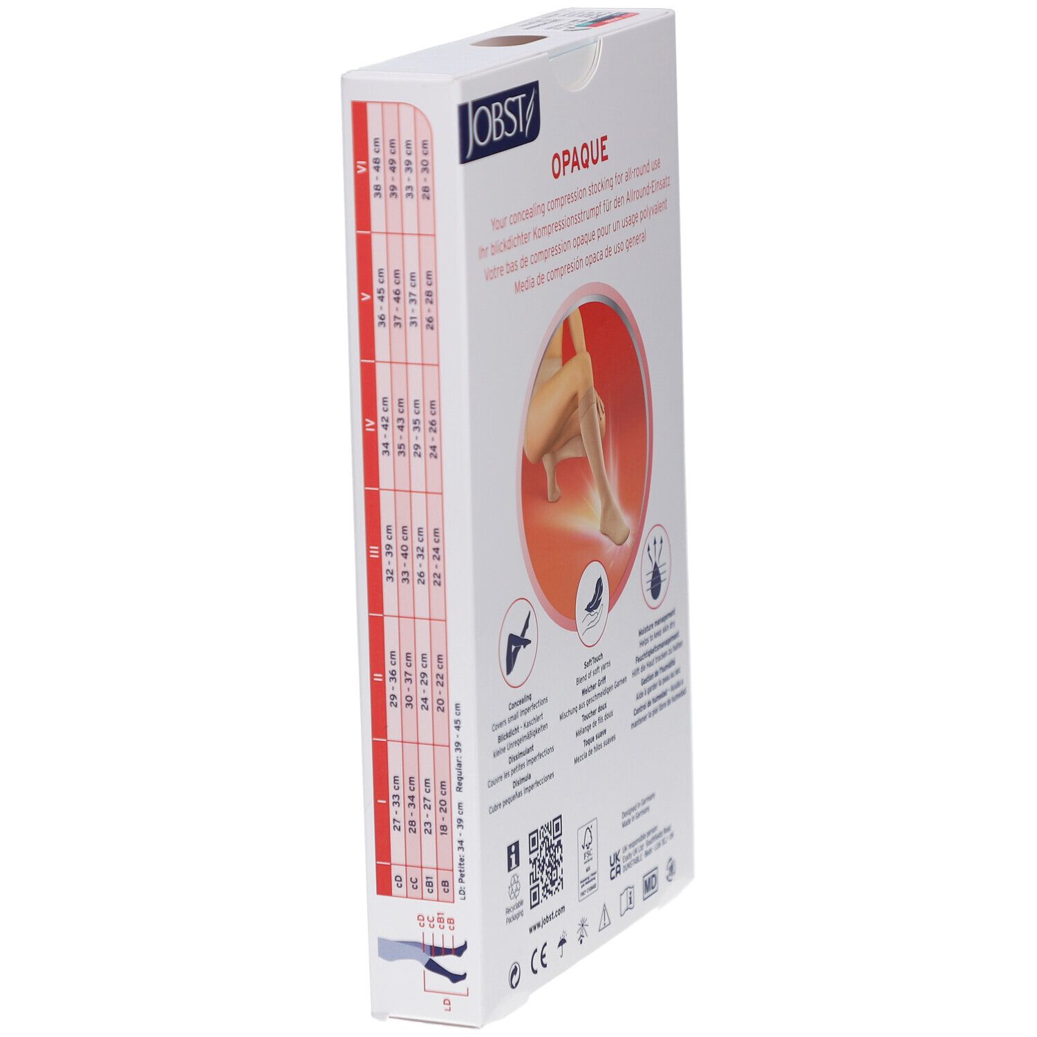 Seite der Verpackung JOBST Opaque Kompressions-Kniestrümpfe. Größentabelle und Produktinformationen.