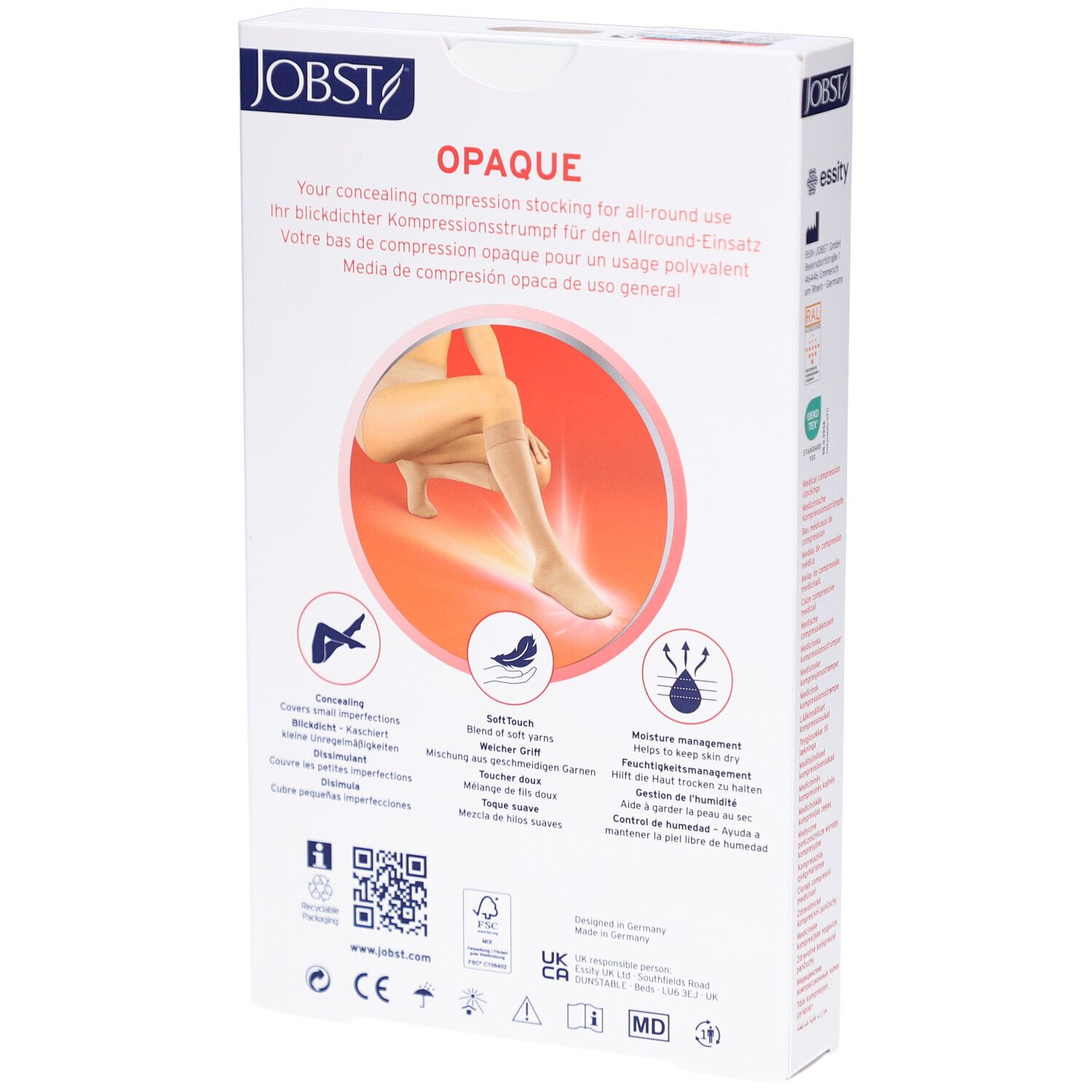 Rückseite der JOBST Opaque Verpackung. Produktinformationen, Illustrationen und Zertifizierungen. Text in mehreren Sprachen.