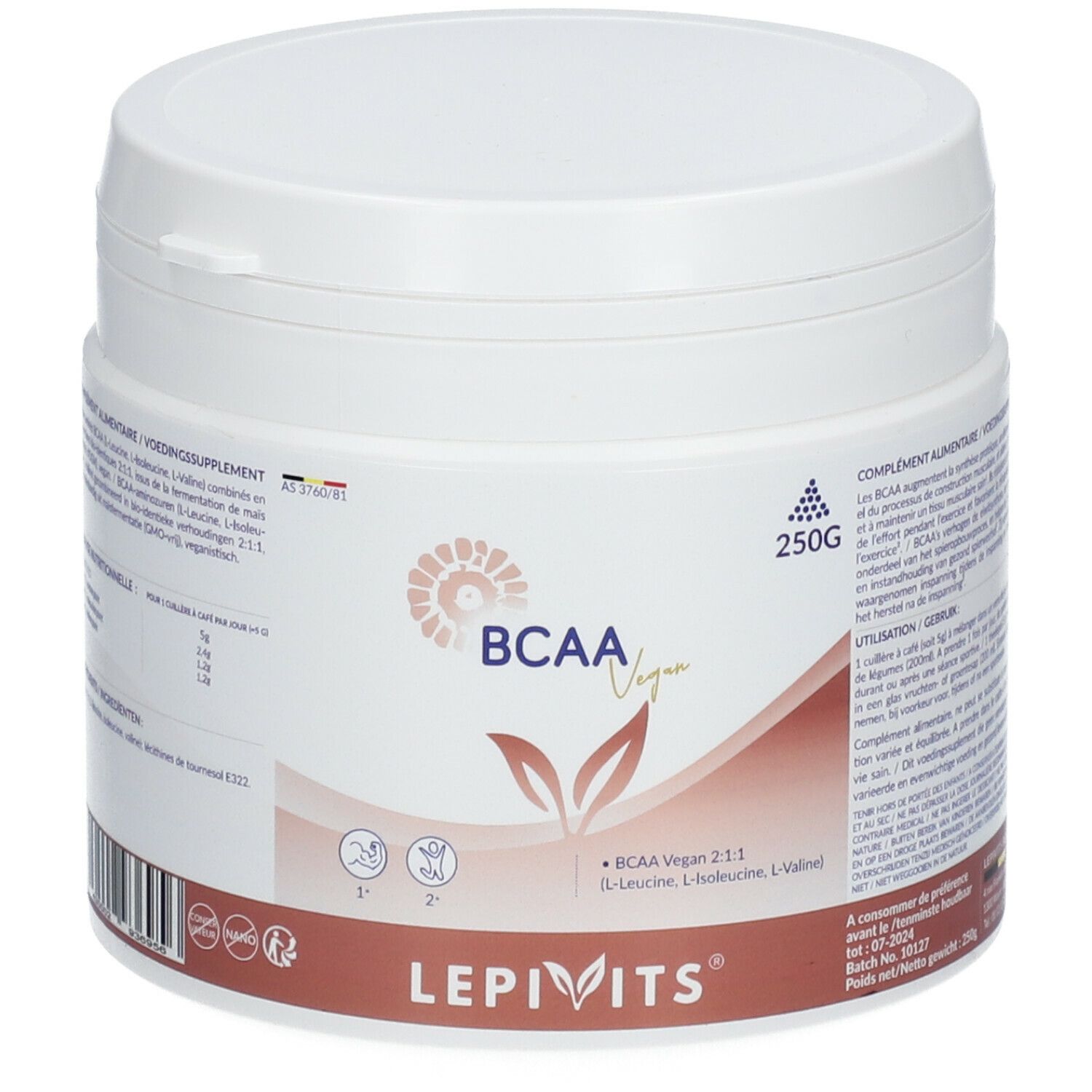 Witte pot met deksel. Opschrift "BCAA Vegan" en "LEPIVITS". 250g-aanduiding. Etiket met productinformatie.