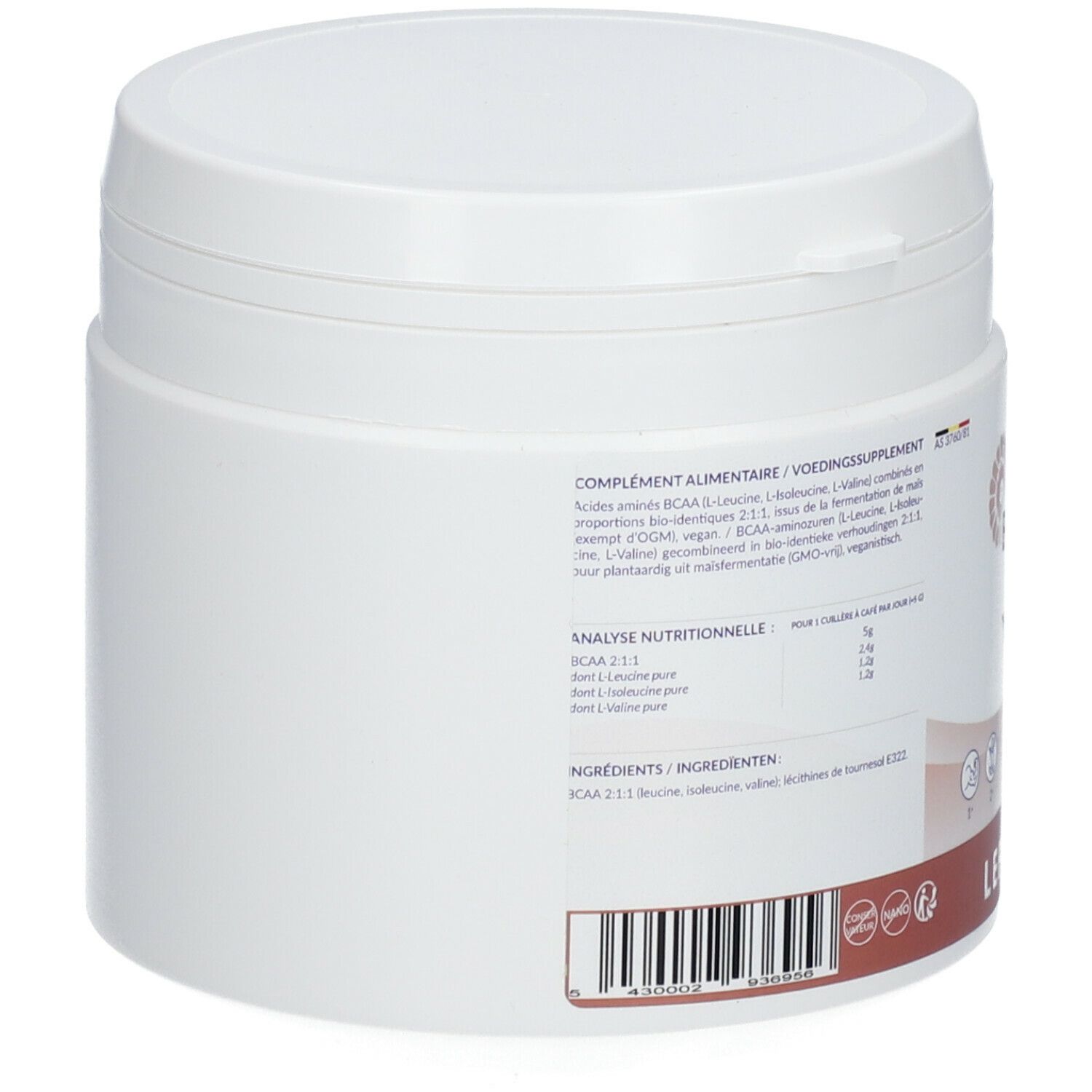 Witte pot, zijaanzicht. Etiket met productinformatie, waaronder analyse en ingrediënten. Barcode onderaan.