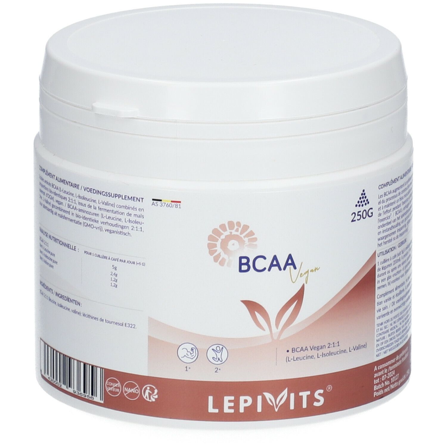 Witte pot met deksel. Opschrift "BCAA Vegan" en "LEPIVITS". 250g-aanduiding. Etiket met productinformatie.