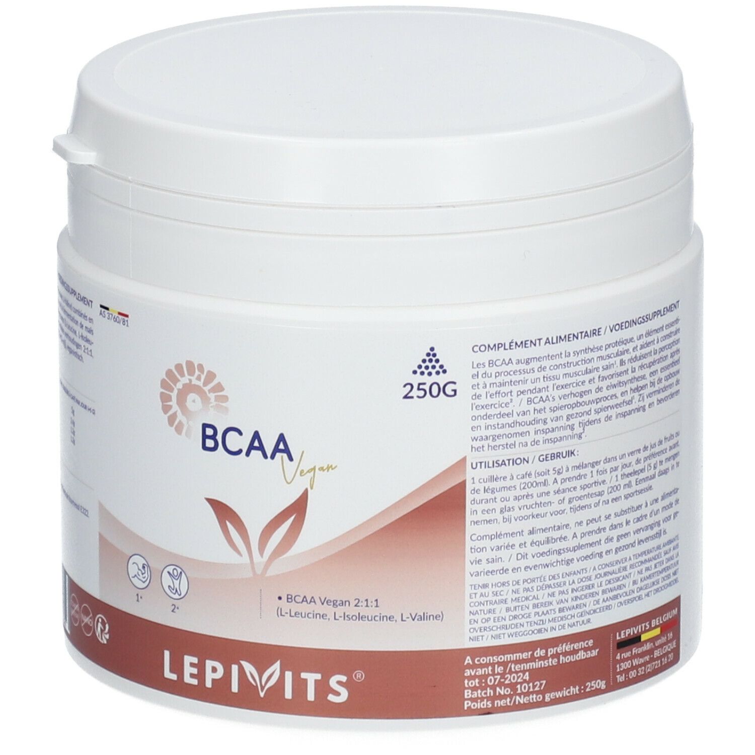 Witte pot met deksel. Opschrift "BCAA Vegan" en "LEPIVITS". 250g-aanduiding. Etiket met productinformatie.