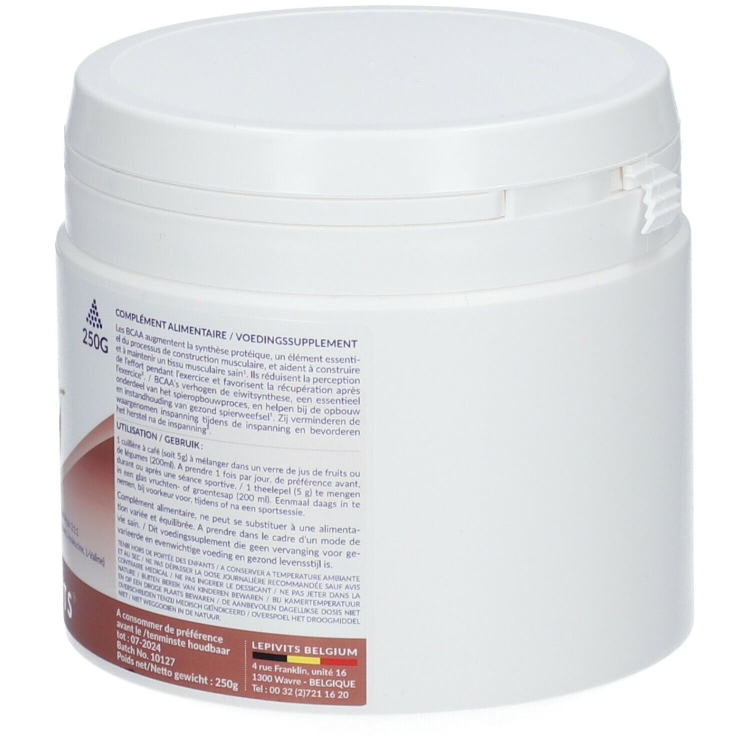 Witte pot, zijaanzicht. Etiket met productinformatie, waaronder analyse en ingrediënten. 250g-aanduiding.