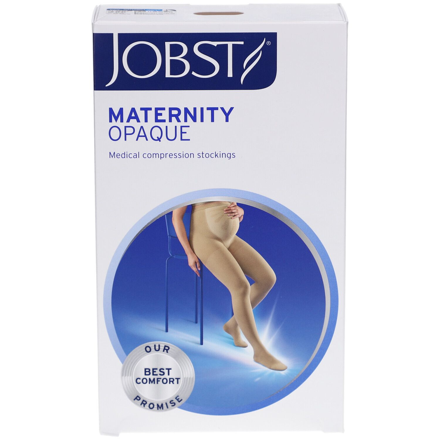 JOBST Maternity Opaque Kompressions-Strumpfhose. Verpackung mit Produktabbildung. Aufschrift: MATERNITY OPAQUE, BEST COMFORT PROMISE.