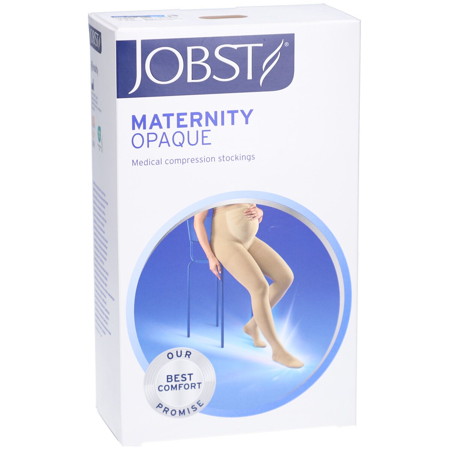 JOBST Maternity Opaque Kompressions-Strumpfhose. Verpackung mit Produktabbildung. Aufschrift: MATERNITY OPAQUE, BEST COMFORT PROMISE.