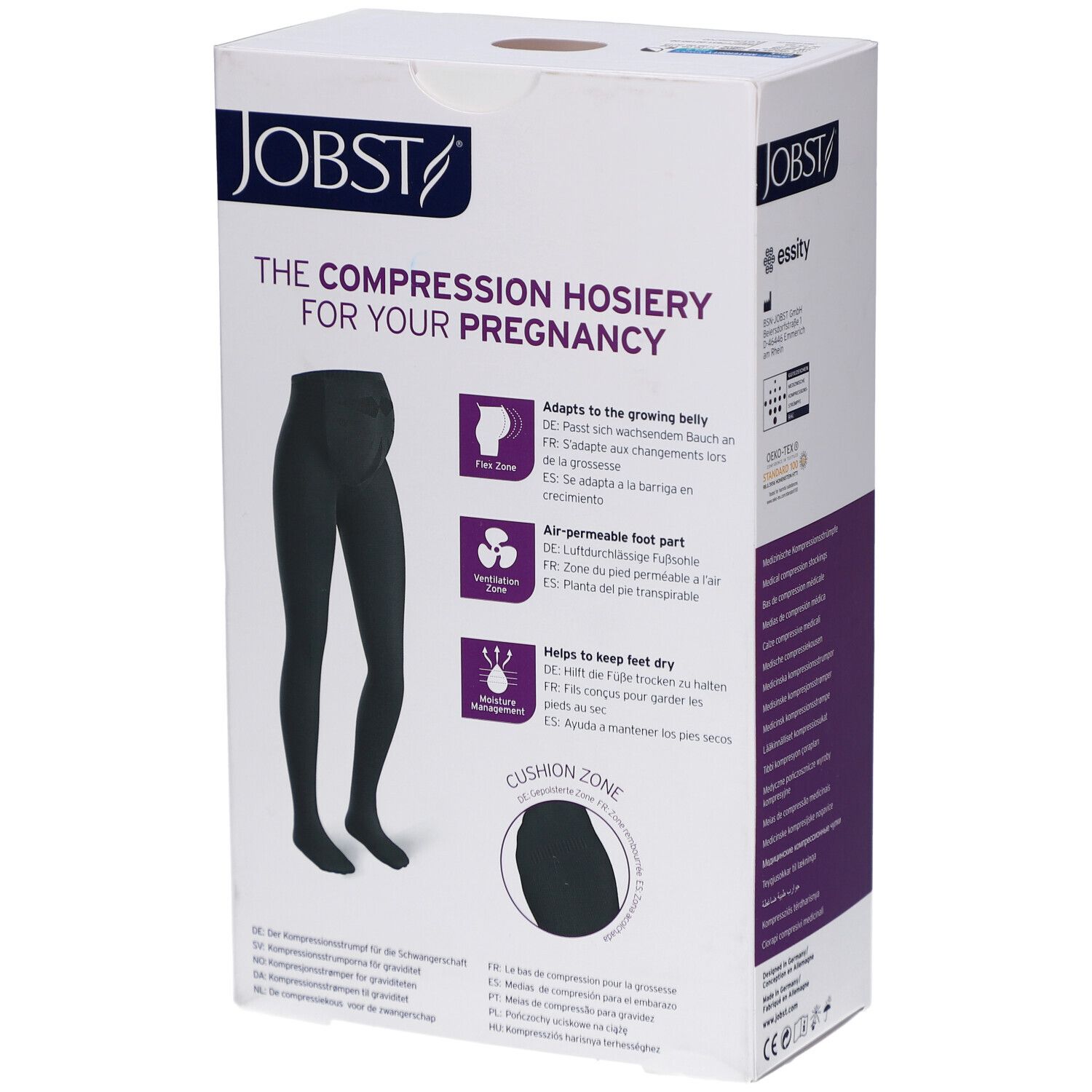 Verpackung der JOBST Maternity Kompressions-Strumpfhose. Schwarze Strumpfhose abgebildet. Flex-Zone, Ventilations-Zone, Feuchtigkeitsmanagement.