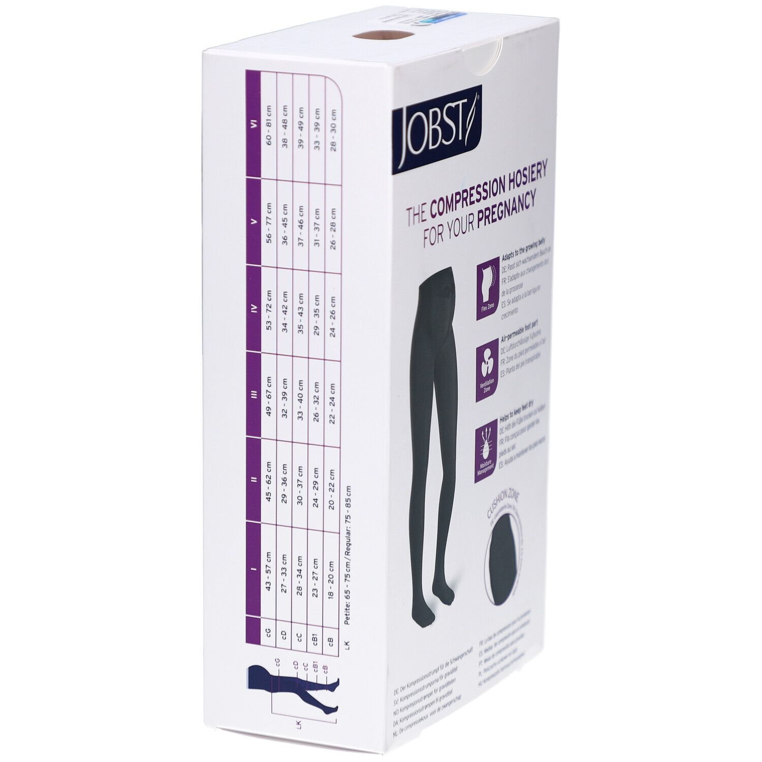 Verpackung der JOBST Maternity Kompressions-Strumpfhose. Größentabelle. Schwarze Strumpfhose abgebildet. Flex-Zone, Ventilations-Zone, Feuchtigkeitsmanagement.
