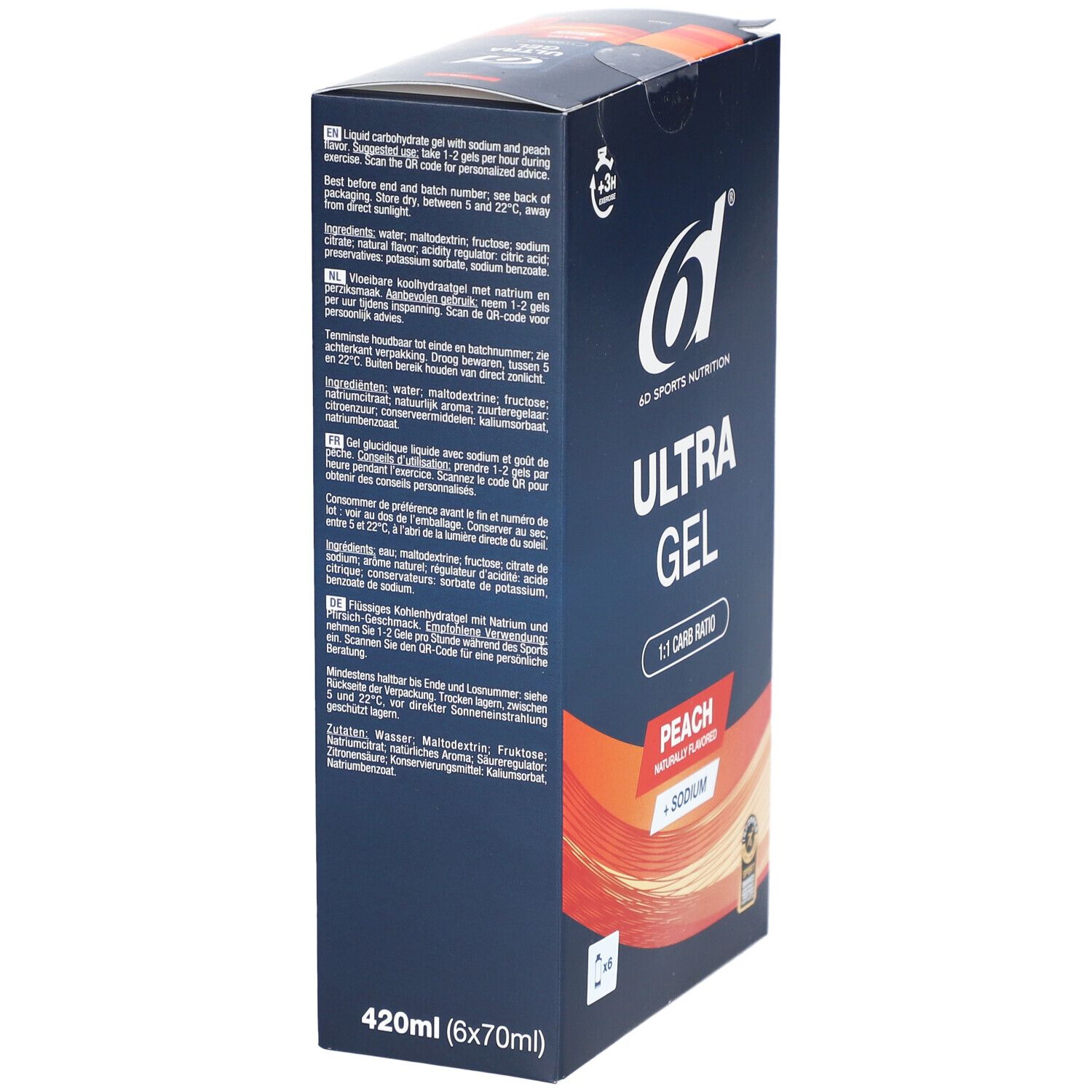 Karton 6D SPORTS NUTRITION Ultra Gel Pêche. Seitenansicht mit Text und Logo. Enthält Informationen zu Inhaltsstoffen und QR-Code.