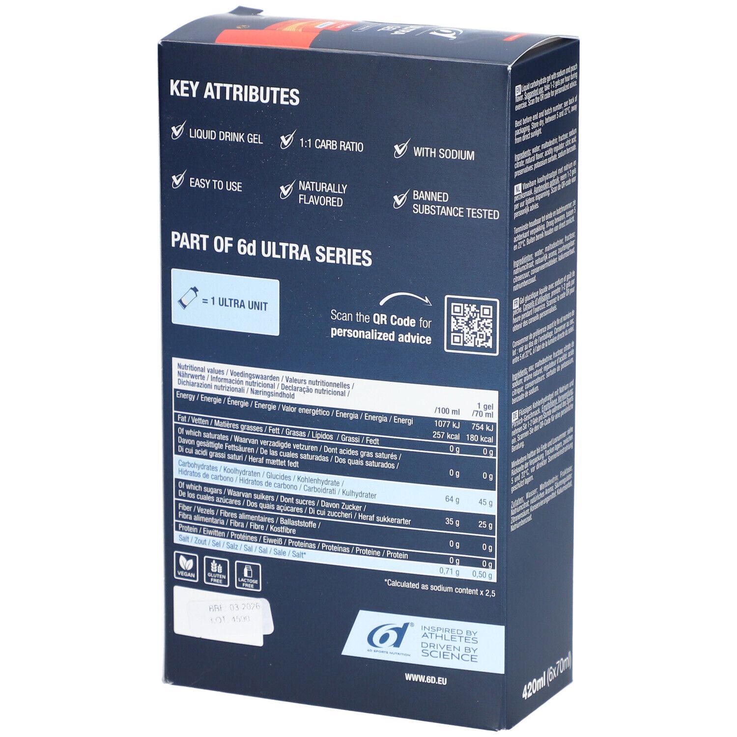 Rückseite der 6D SPORTS NUTRITION Ultra Gel Pêche Verpackung. Enthält Informationen zu den wichtigsten Merkmalen und Nährwertangaben.