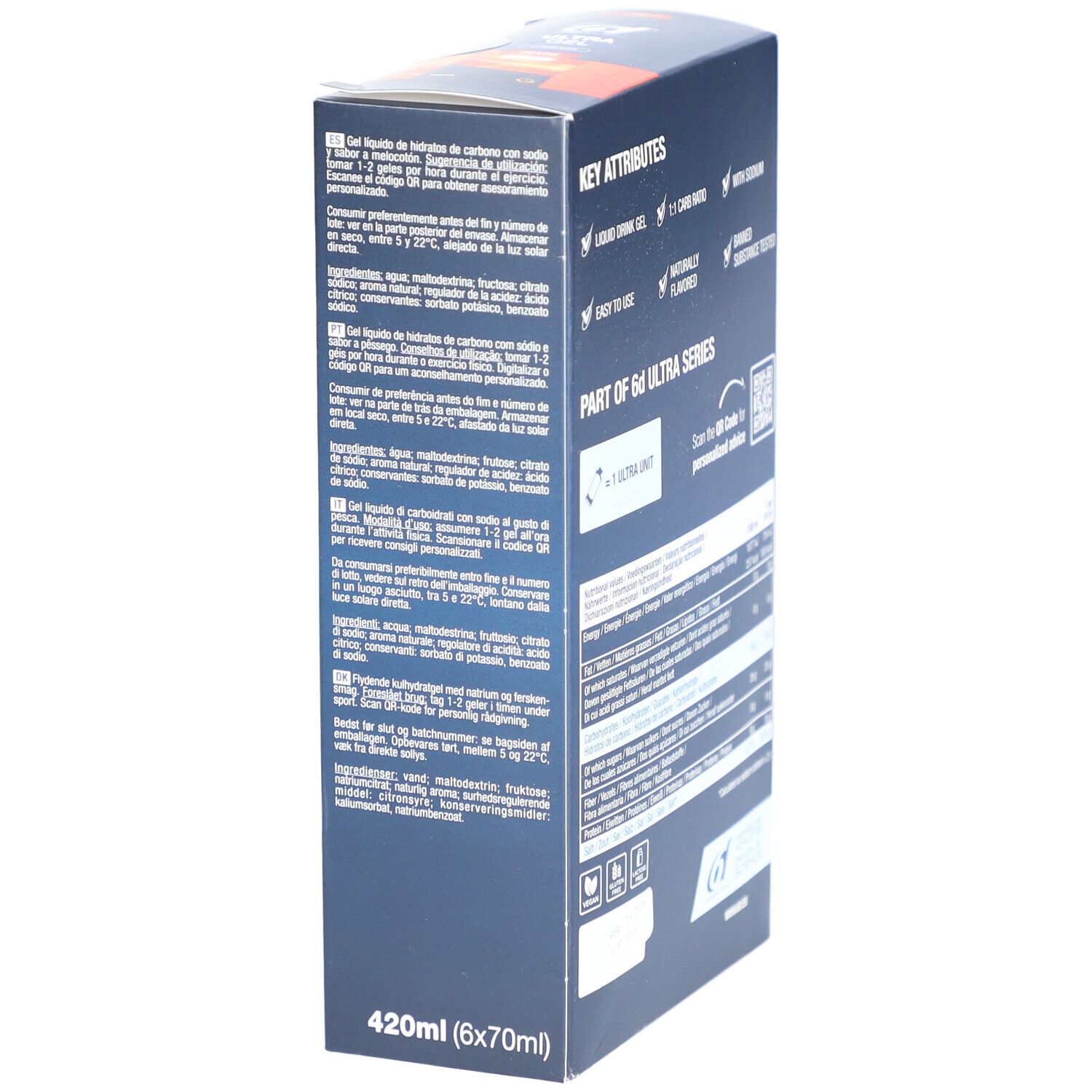 Seitenansicht der 6D SPORTS NUTRITION Ultra Gel Pêche Verpackung. Mit Text, Logo und QR-Code. Enthält Nährwertangaben.