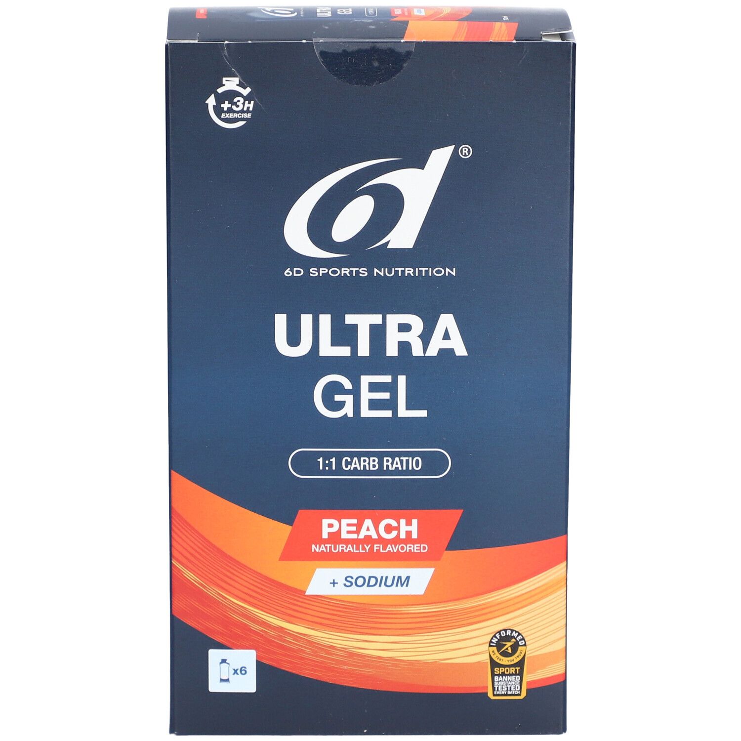 Karton 6D SPORTS NUTRITION Ultra Gel Pêche. Aufschrift: Ultra Gel, 1:1 Carb Ratio, Peach, + Sodium. Logo und Gütesiegel.
