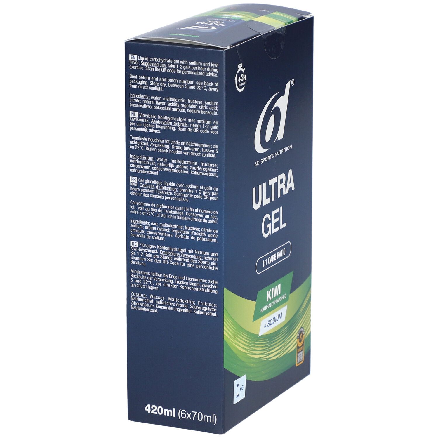 Verpackung von 6D SPORTS NUTRITION Ultra Gel Kiwi. Blaue Schachtel, Text auf mehreren Sprachen, Logo.