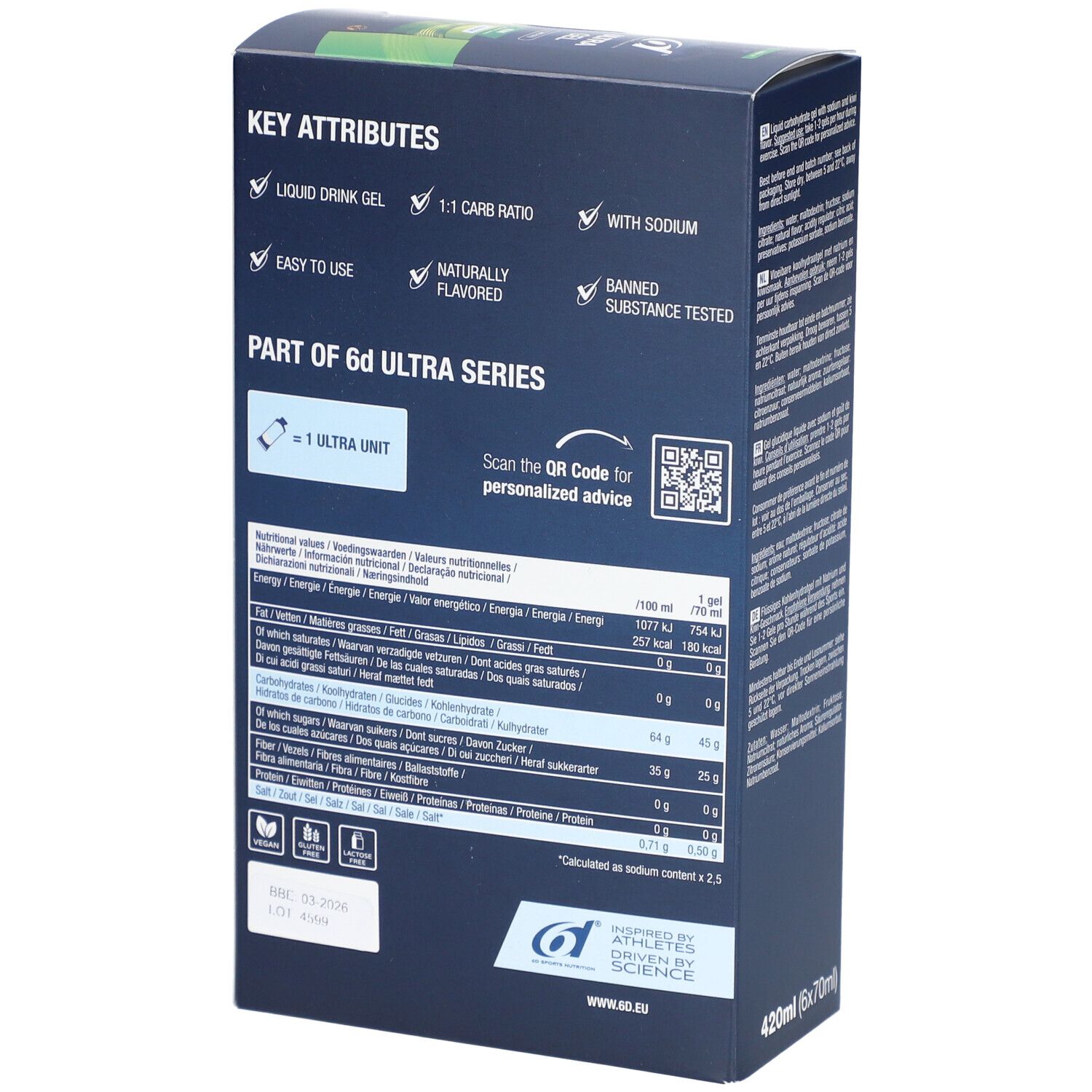 Rückseite der Verpackung von 6D SPORTS NUTRITION Ultra Gel Kiwi. Text mit Nährwertangaben und Logo.