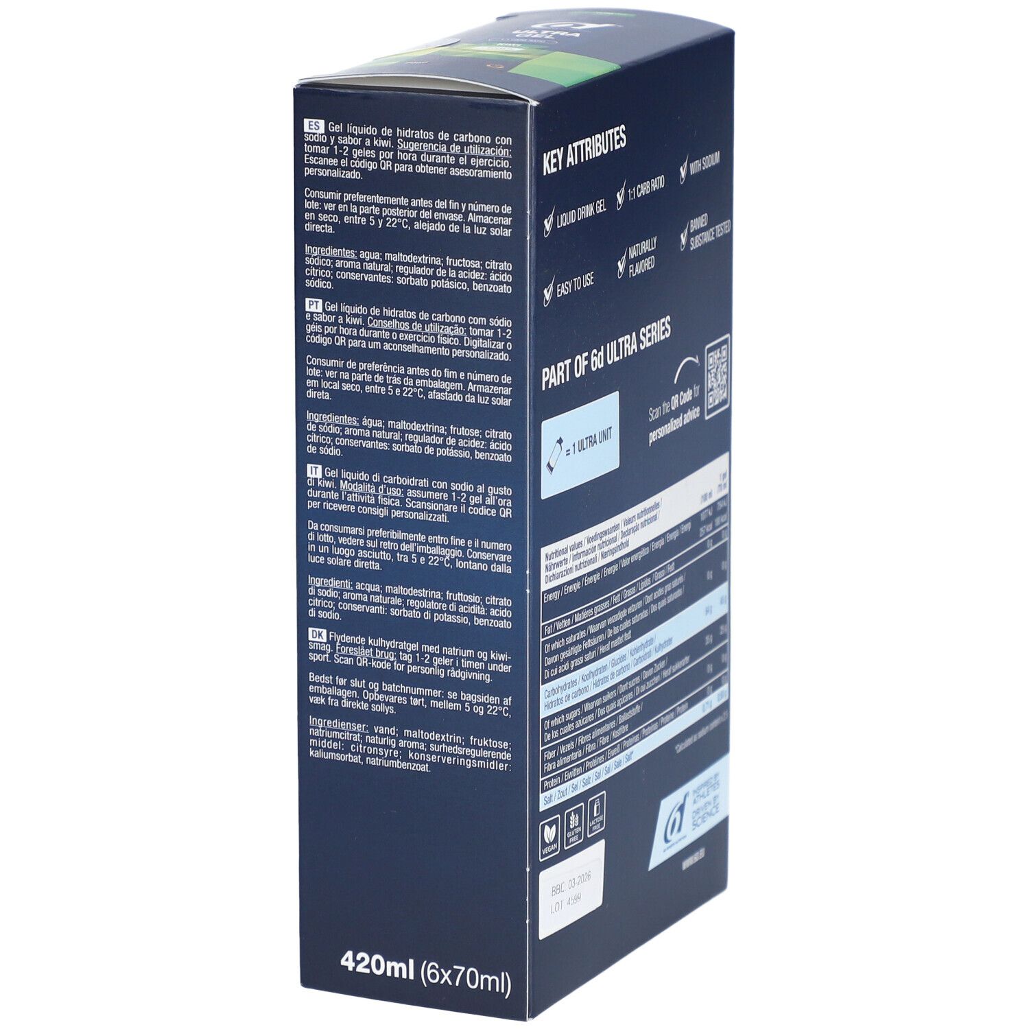 Rückseite der Verpackung von 6D SPORTS NUTRITION Ultra Gel Kiwi. Text mit Inhaltsstoffen und Logo.