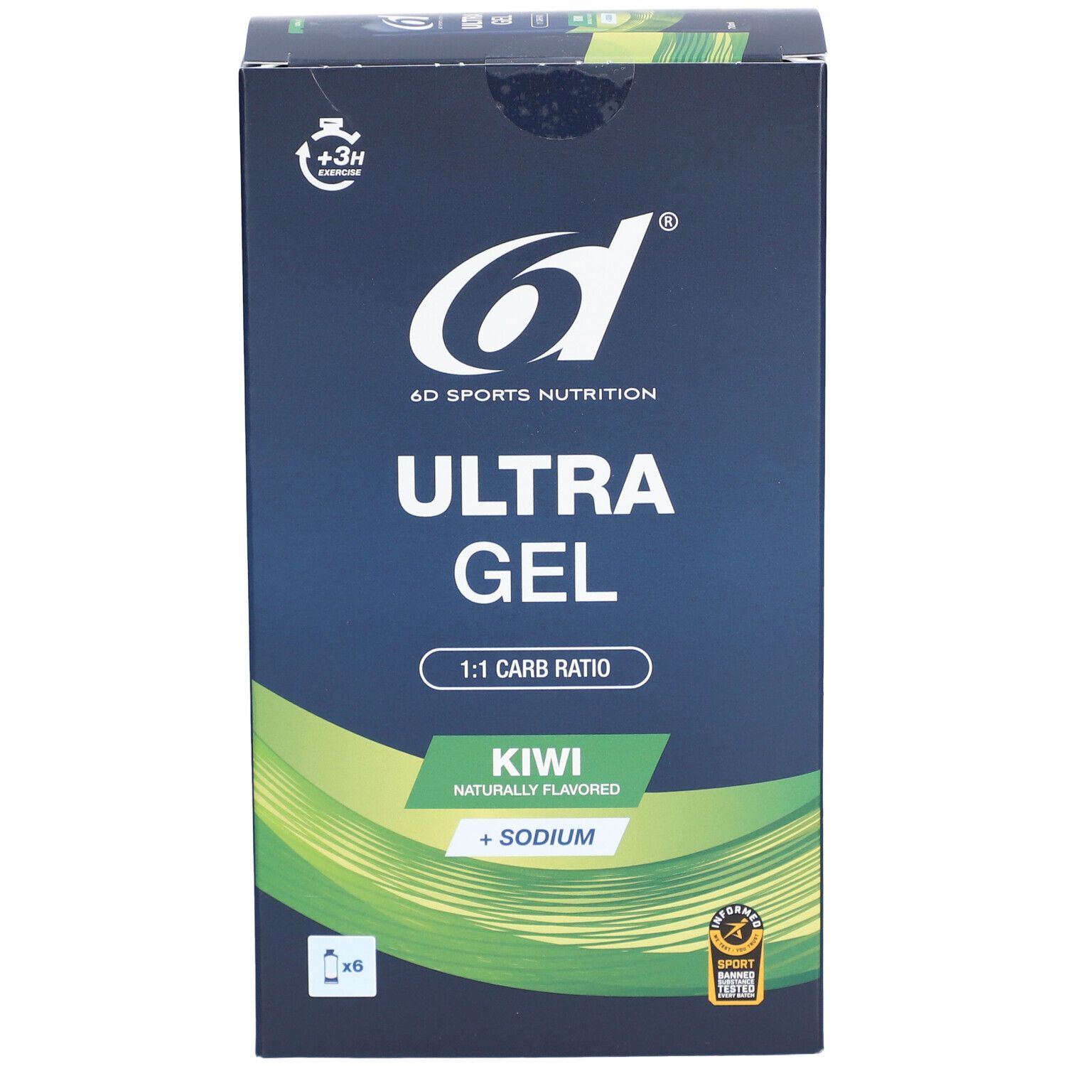 Verpackung von 6D SPORTS NUTRITION Ultra Gel Kiwi. Blaue Schachtel mit Produktnamen, Geschmacksrichtung und Logo.