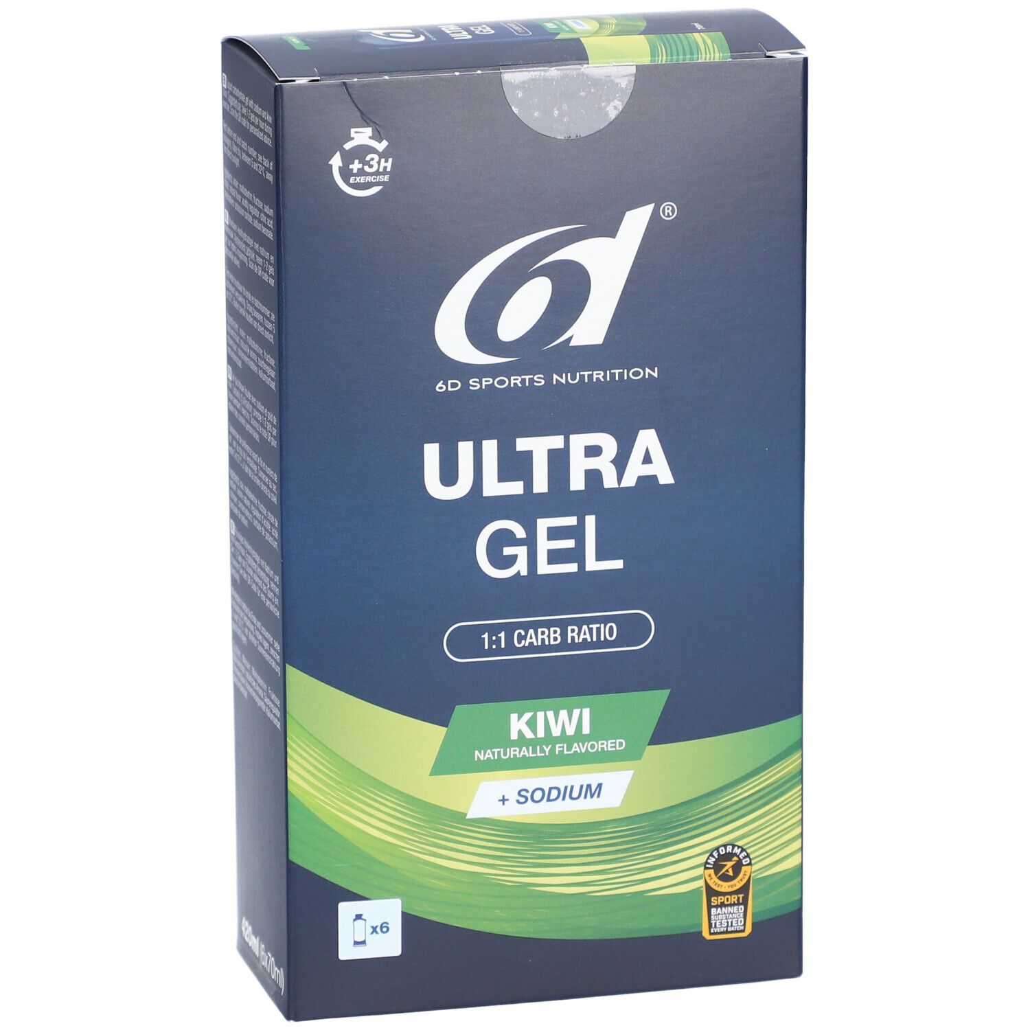 Verpackung von 6D SPORTS NUTRITION Ultra Gel Kiwi. Blaue Schachtel mit Produktnamen, Geschmacksrichtung und Logo.