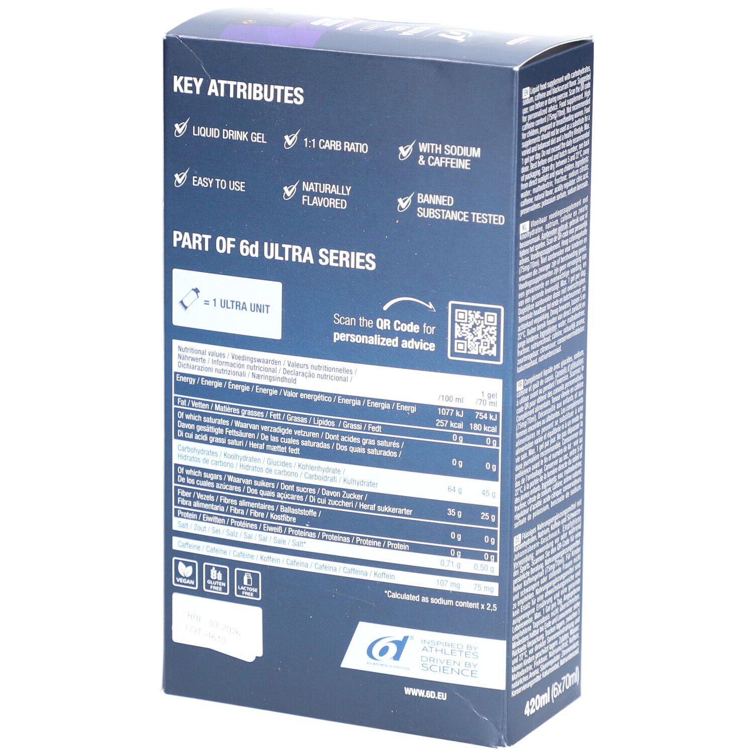 Rückseite der Verpackung von 6D Ultra Gel. Enthält Informationen zu Inhaltsstoffen, Nährwerten und QR-Code. 420ml (6x70ml).