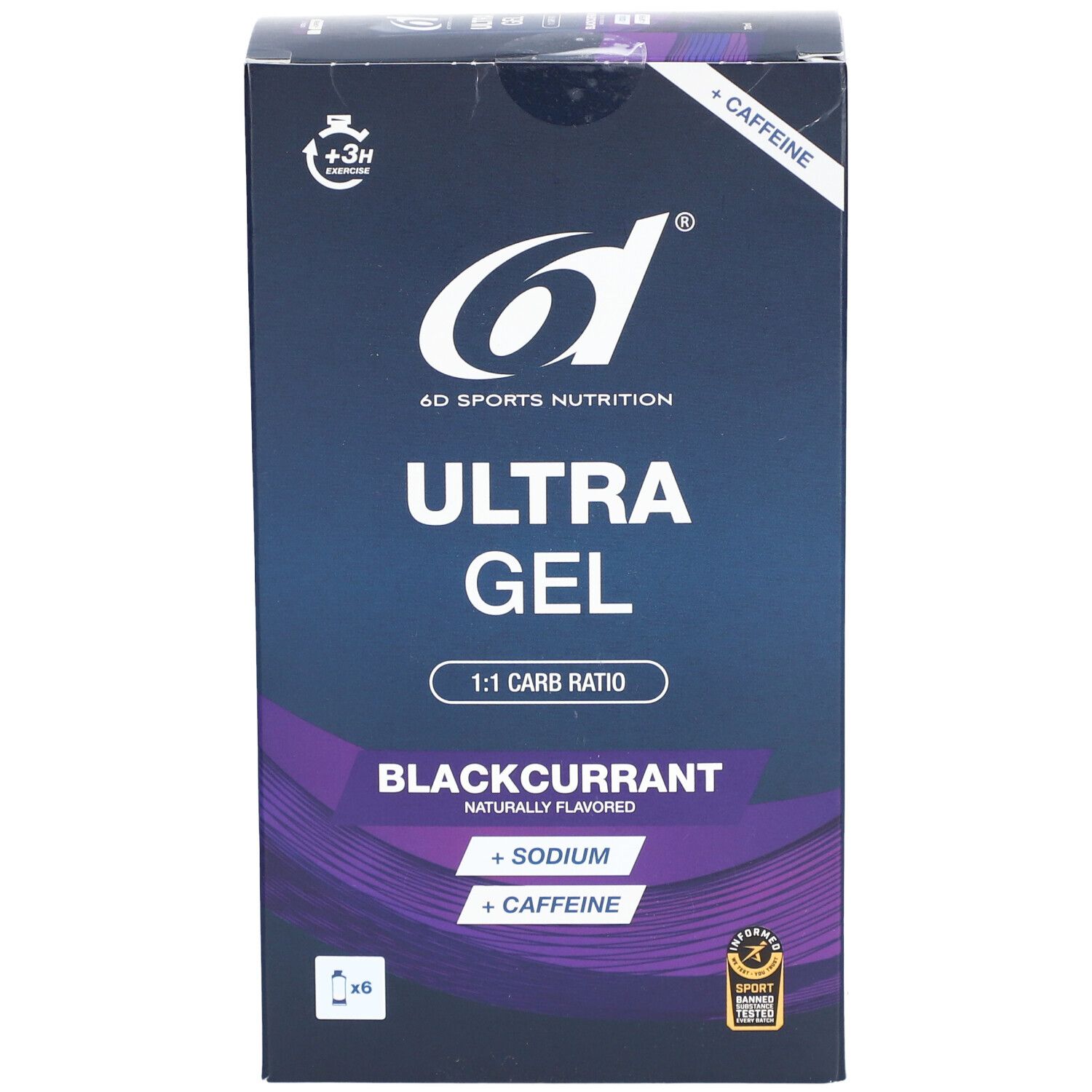 Verpackung von 6D Sports Nutrition Ultra Gel. Schwarze Johannisbeere, 1:1 Carb Ratio. Enthält Natrium und Koffein. 6 Gele.