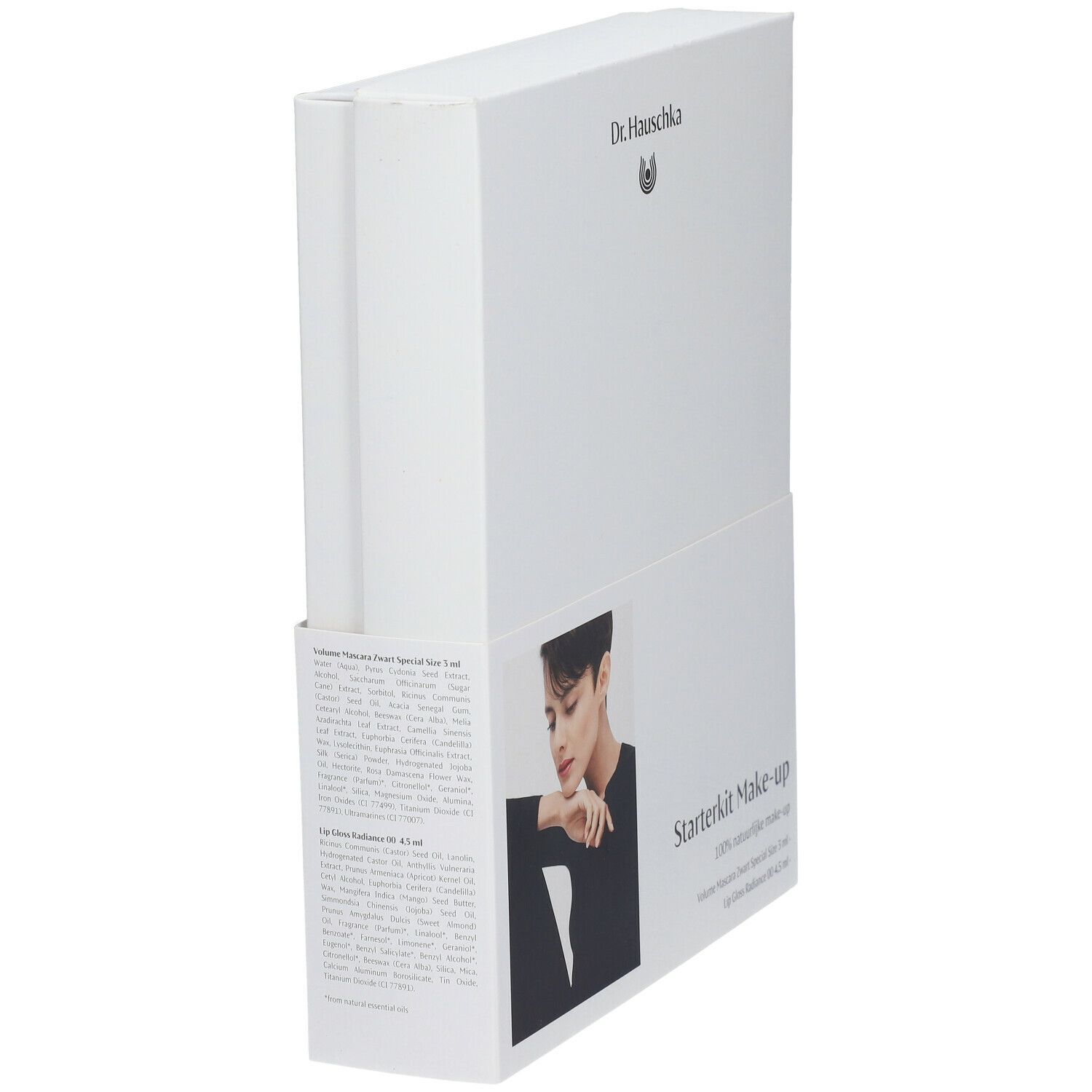 Boîte blanche, Dr. Hauschka Starterkit Make-up. Image et texte sur le devant. Vue latérale avec texte.