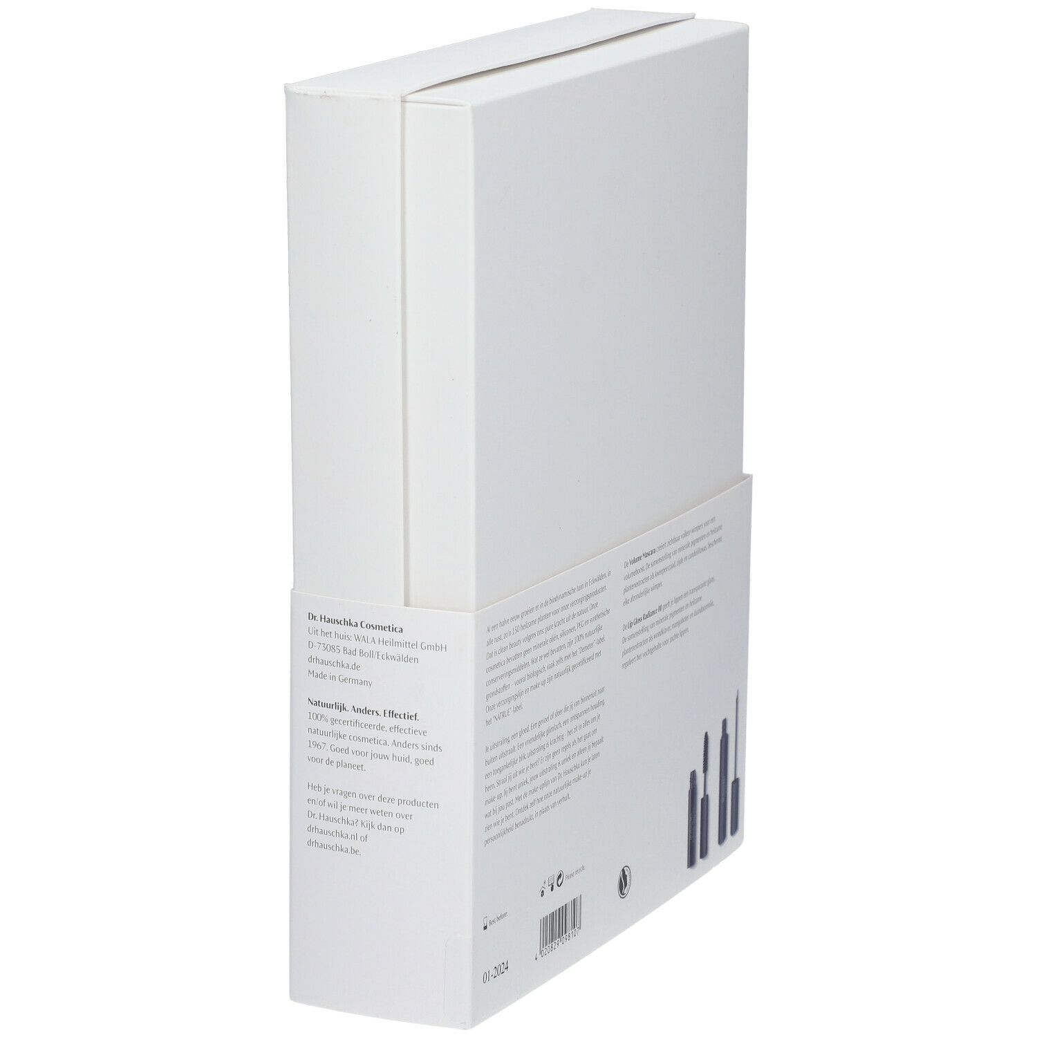 Boîte blanche, Dr. Hauschka Starterkit Make-up. Dos avec texte et illustrations de produits. Vue en angle.