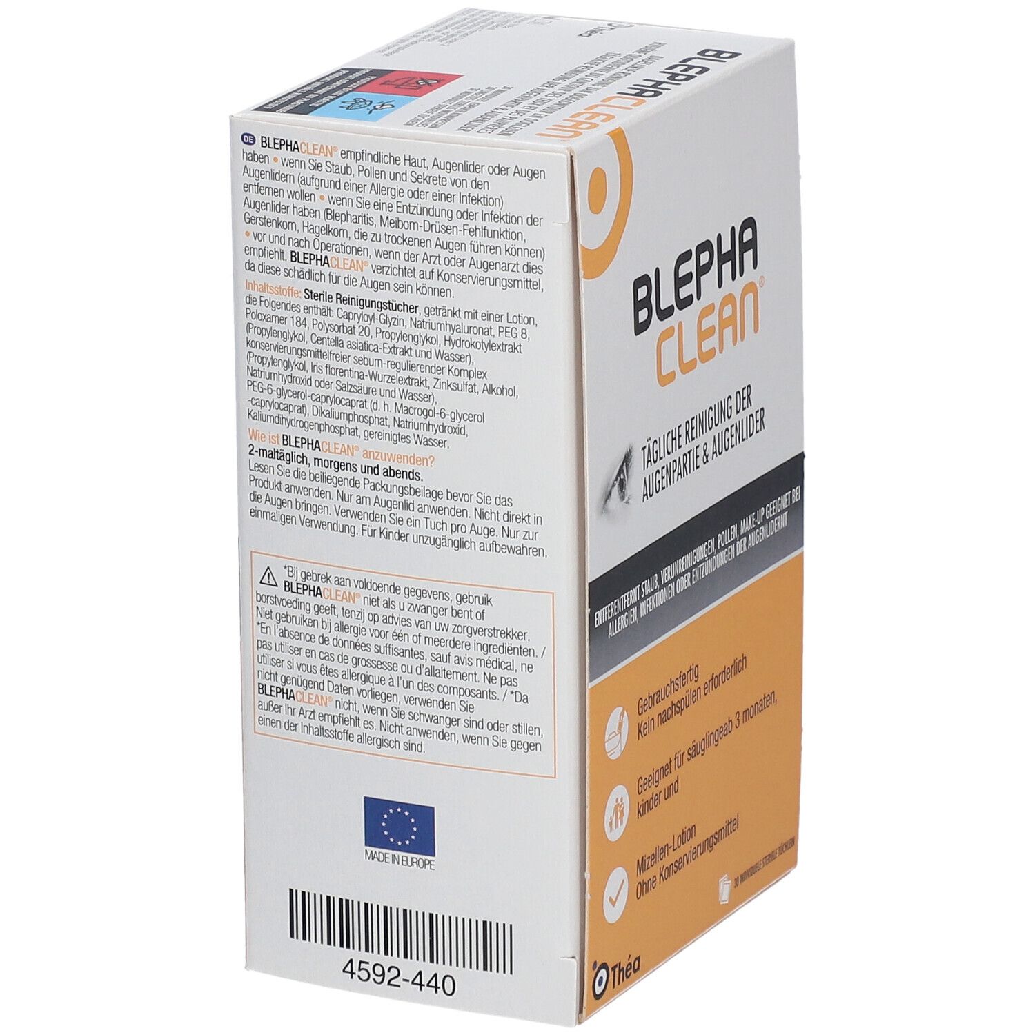 Dos de la boîte de Blephaclean®. Texte en français. Contient des informations sur l'utilisation et les ingrédients.