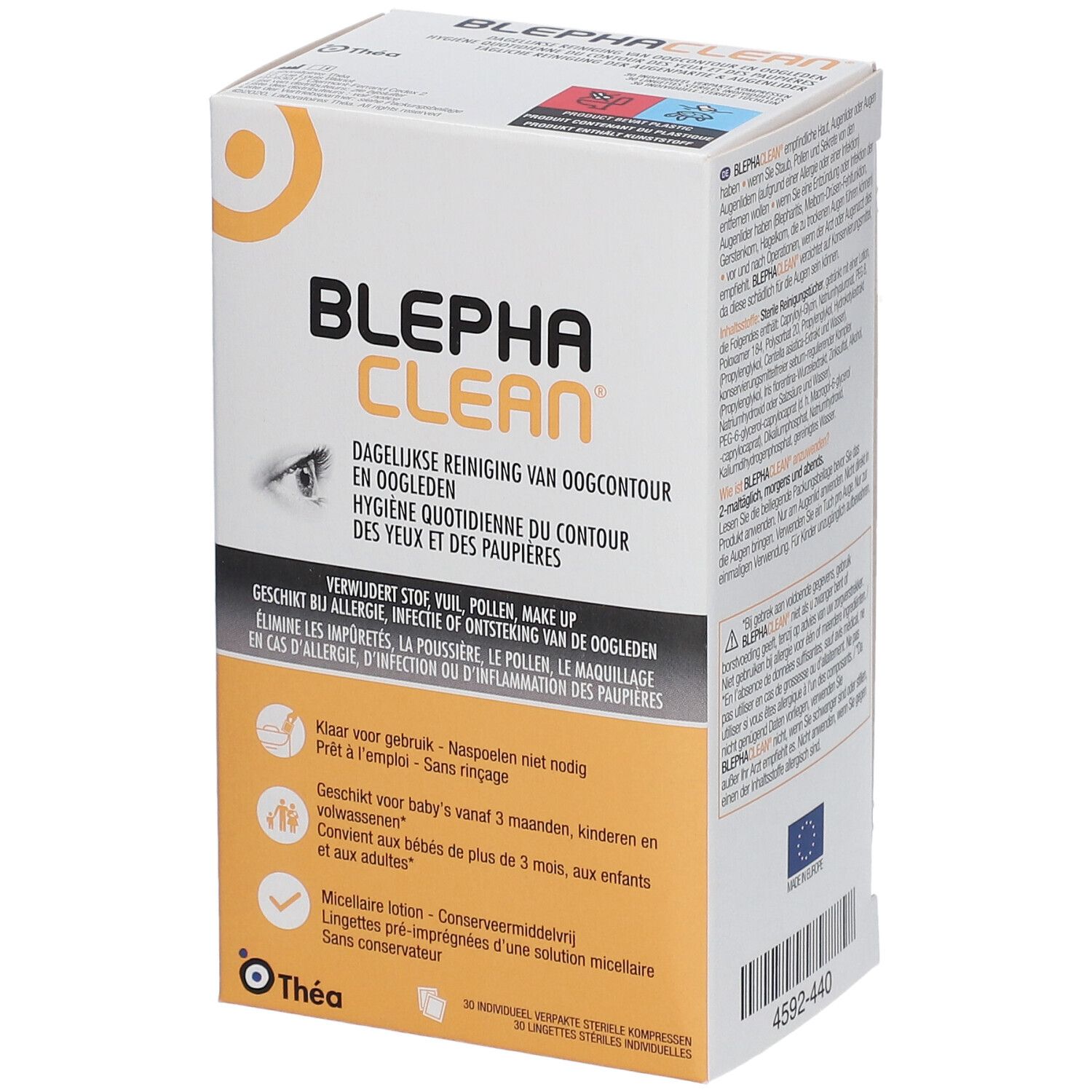 Boîte de Blephaclean®. Contient 30 compresses stériles. Inscription: Nettoyage quotidien des paupières et des cils.