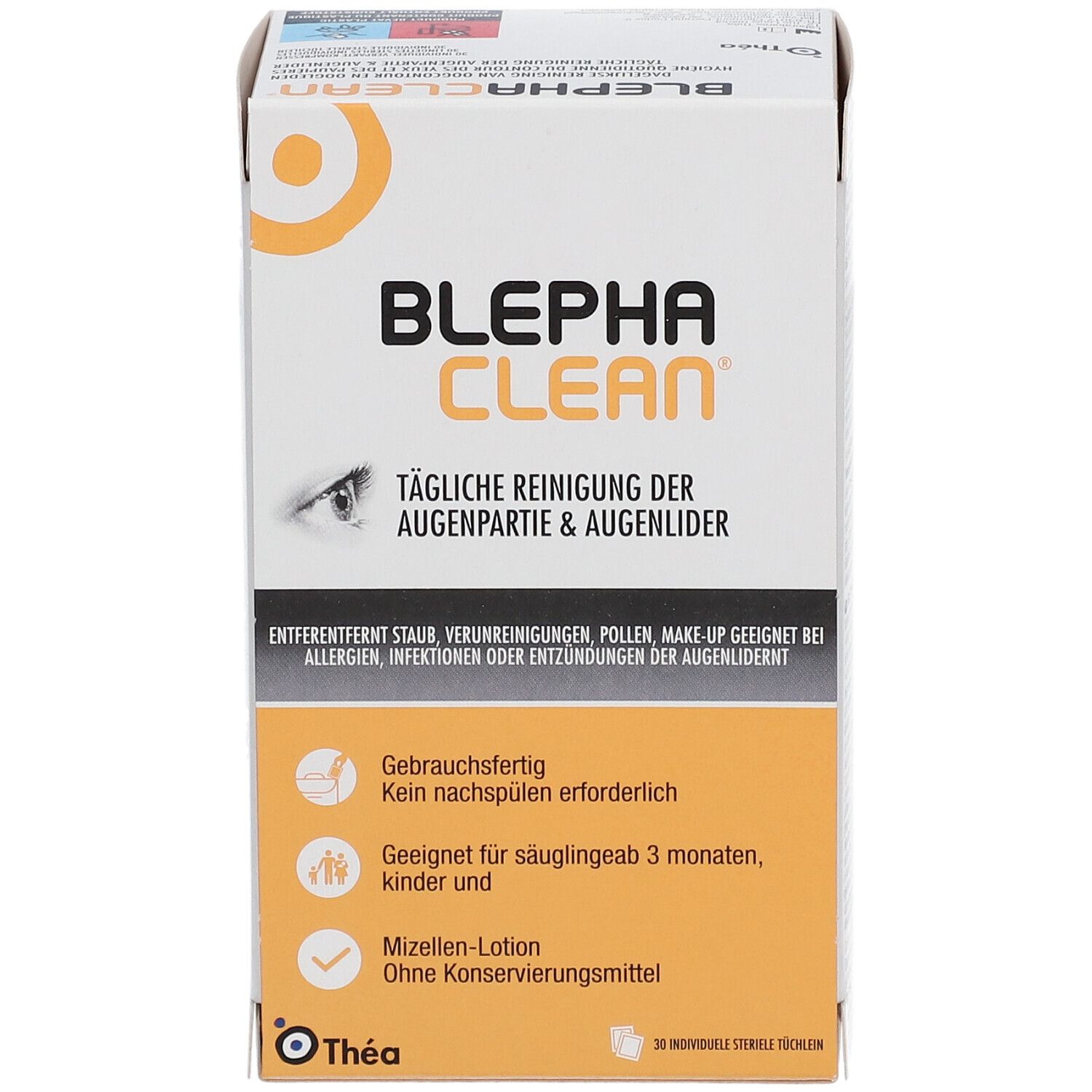 Boîte de Blephaclean®. Contient 30 compresses stériles. Inscription: Nettoyage quotidien des paupières et des cils.