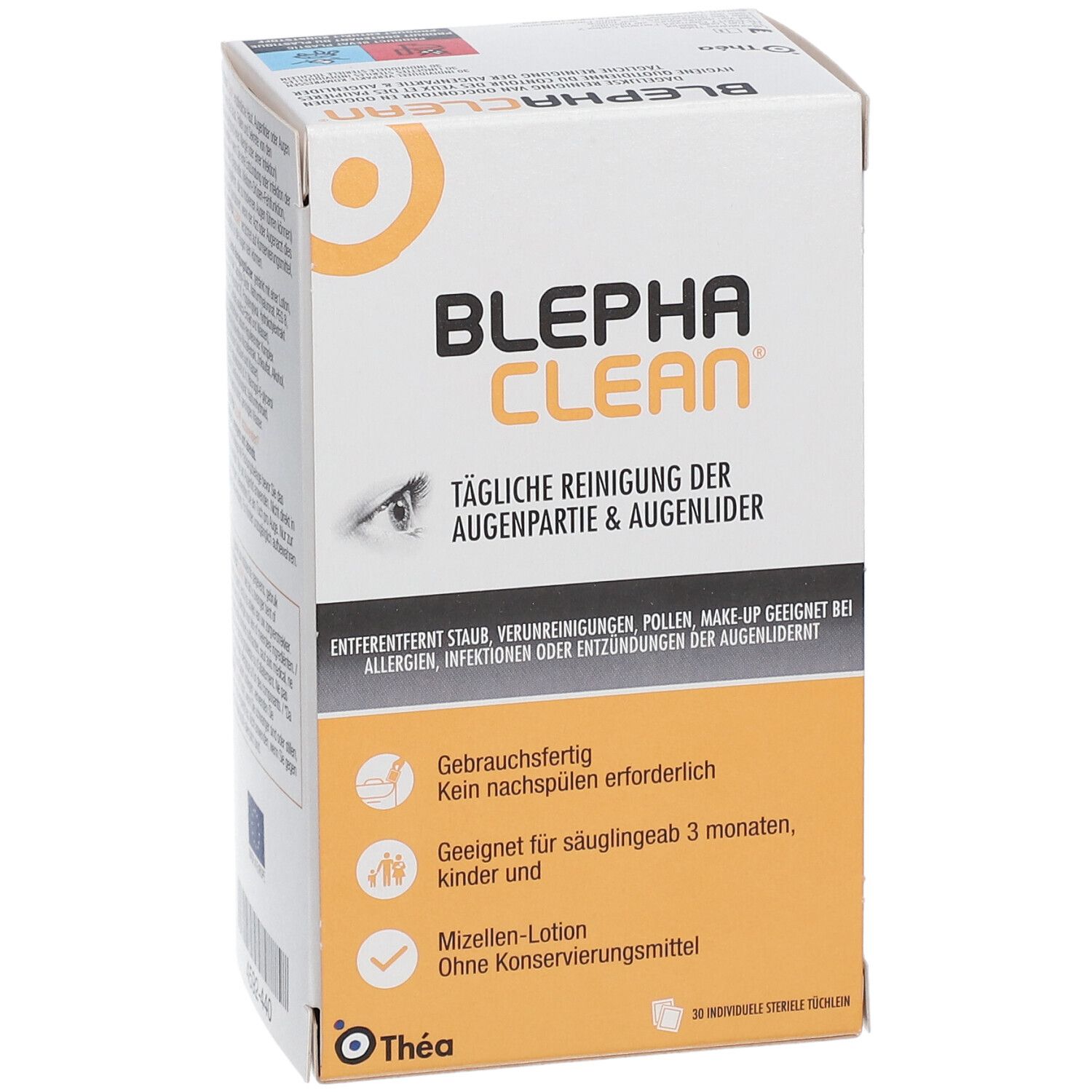 Boîte de Blephaclean®. Contient 30 compresses stériles. Inscription: Nettoyage quotidien des paupières et des cils.