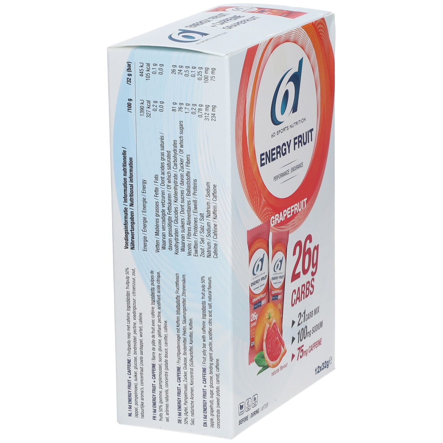 Boîte de 6D SPORTS NUTRITION Energy Fruit. Informations nutritionnelles et ingrédients sur le côté. Contient 12 sachets.