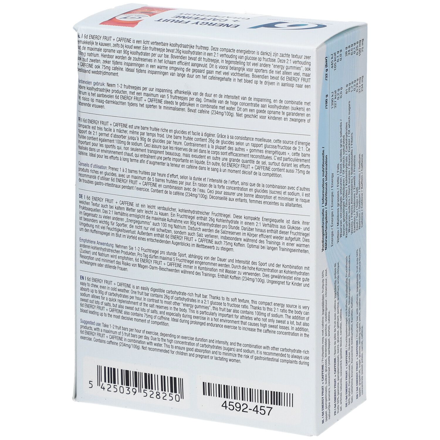 Dos de la boîte de 6D SPORTS NUTRITION Energy Fruit. Texte en plusieurs langues. Contient 12 sachets.
